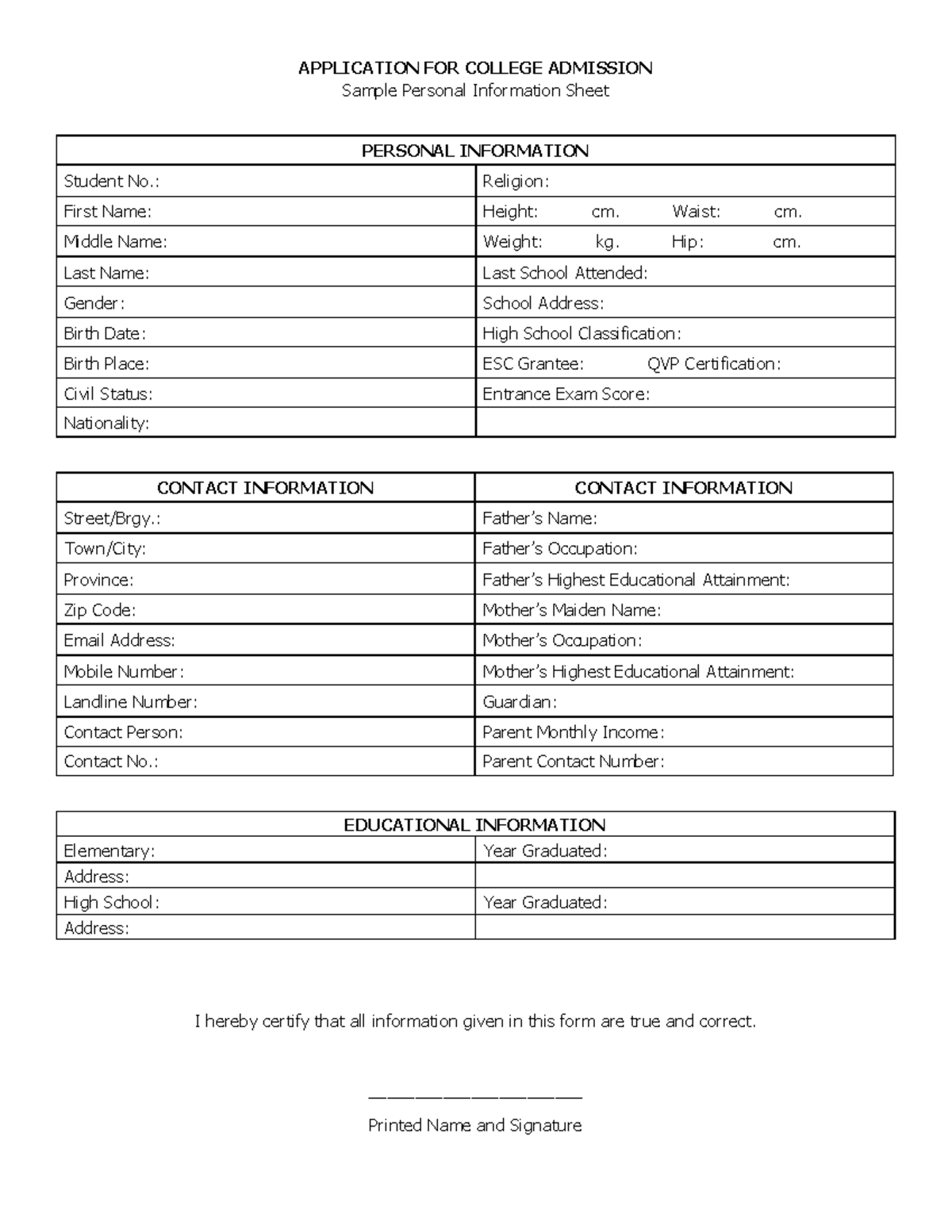 Application FOR College Admission Personal Information - APPLICATION ...