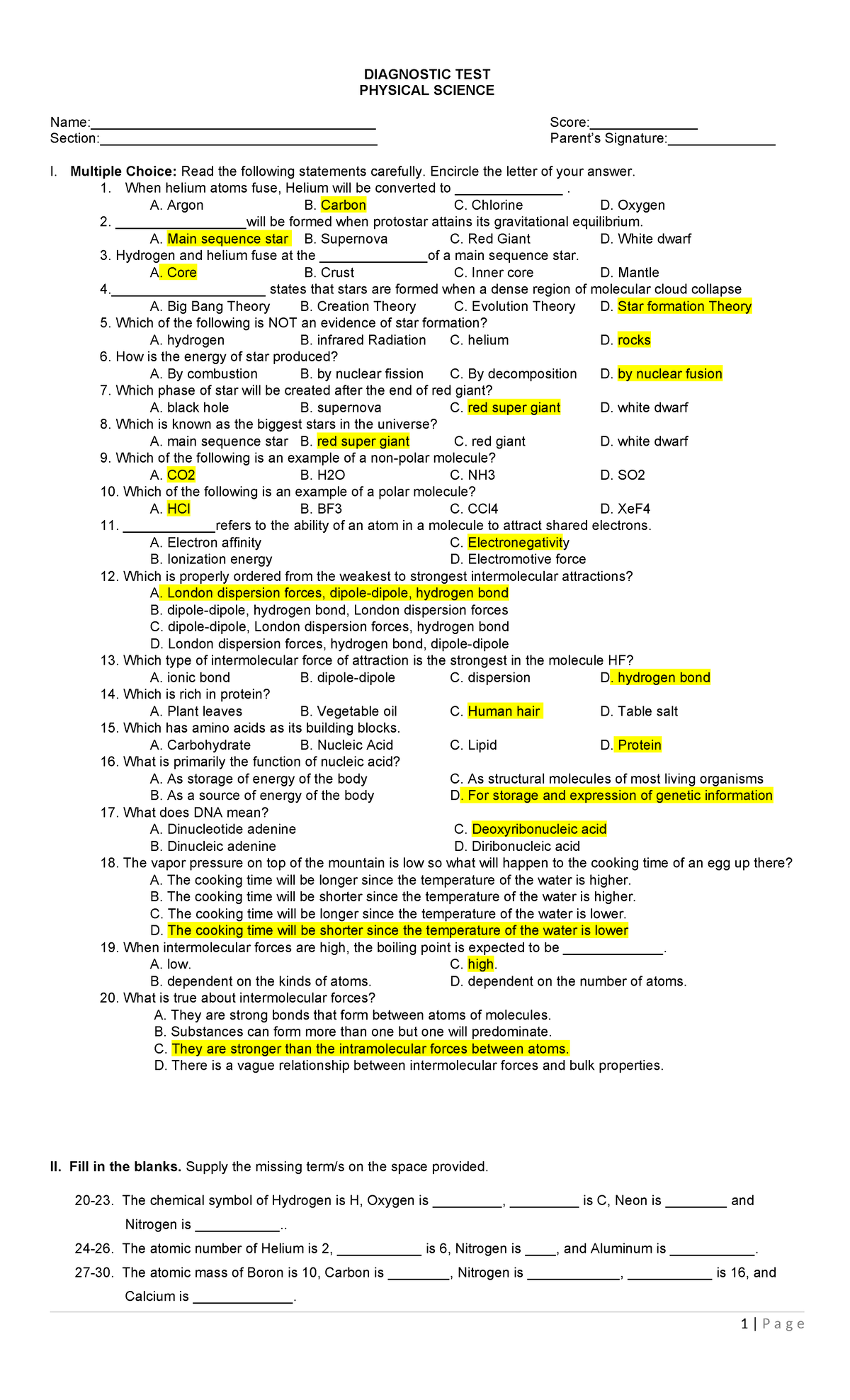 Diagnostic TEST IN PHY SCI - Namesum{{{{{ DIAGNOSTIC TEST PHYSICAL ...