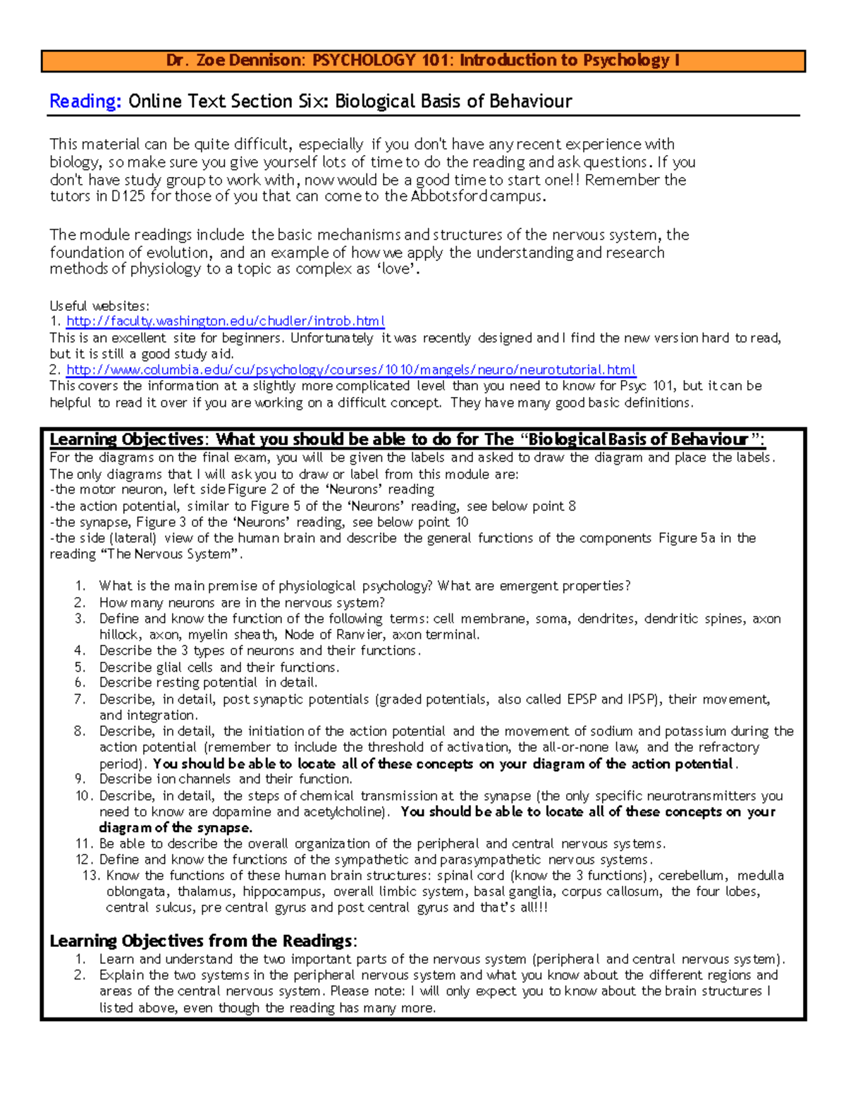 101 Module Six Biopsychology File One Dr. Zoe Dennison PSYCHOLOGY