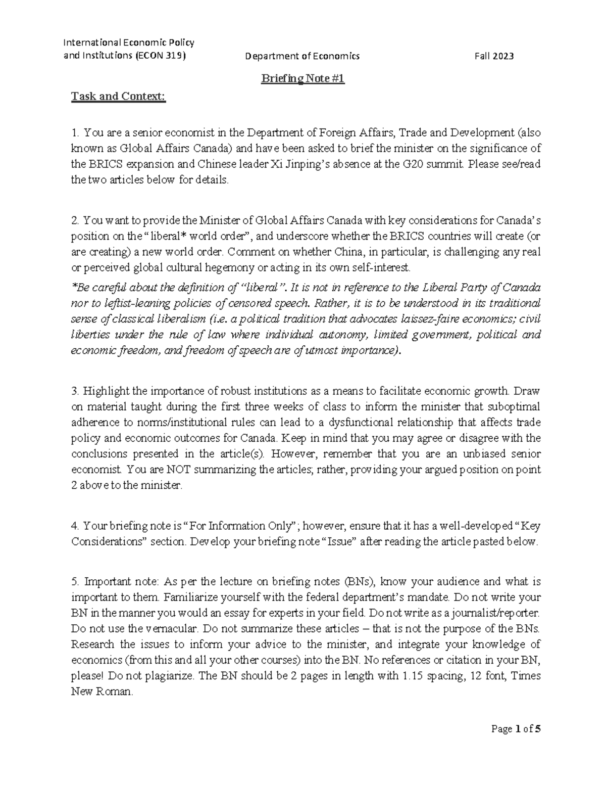 Briefing Note Article #1 Fall 2023 ECON 319 - and Institutions (ECON ...
