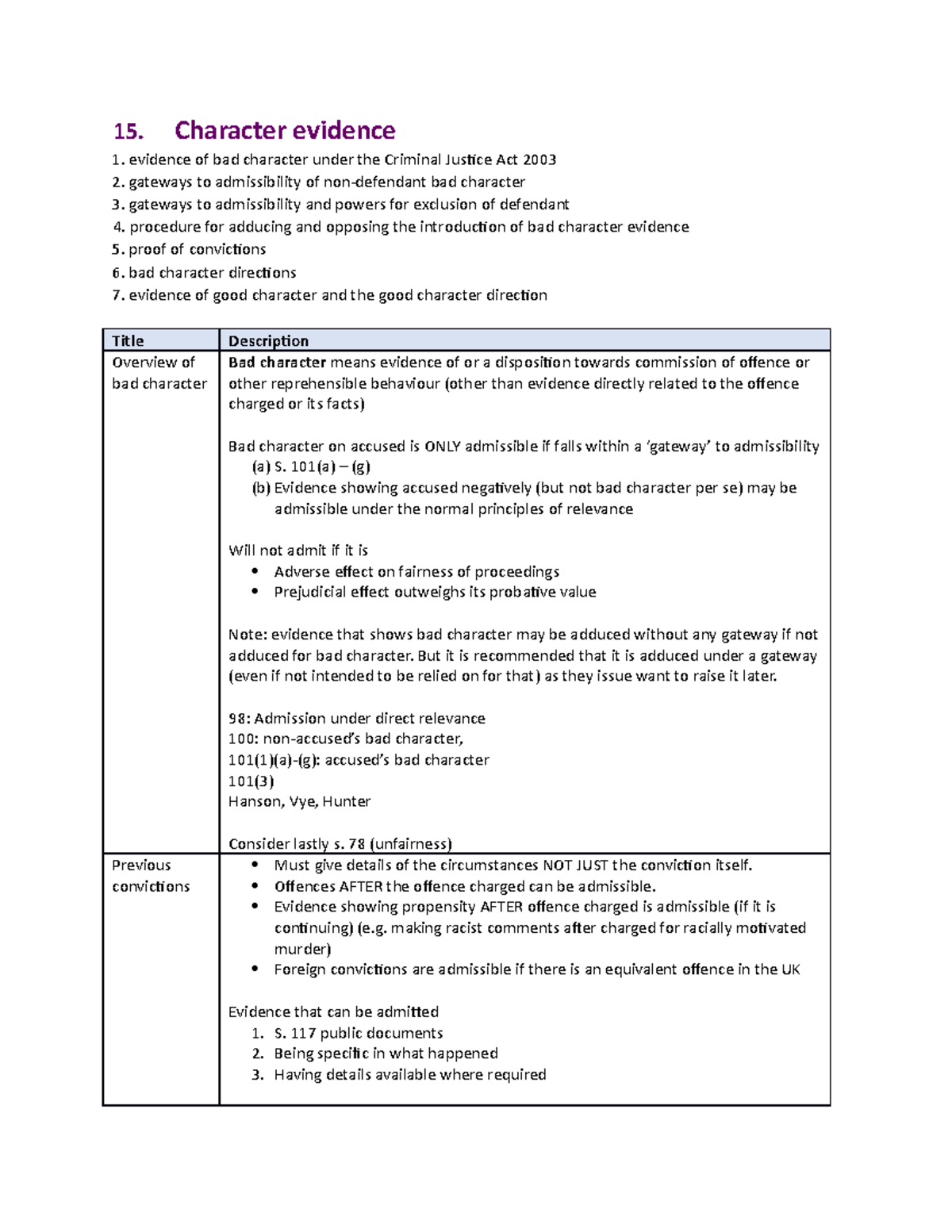 15 Character evidence - Combination of lecture notes and personal notes ...