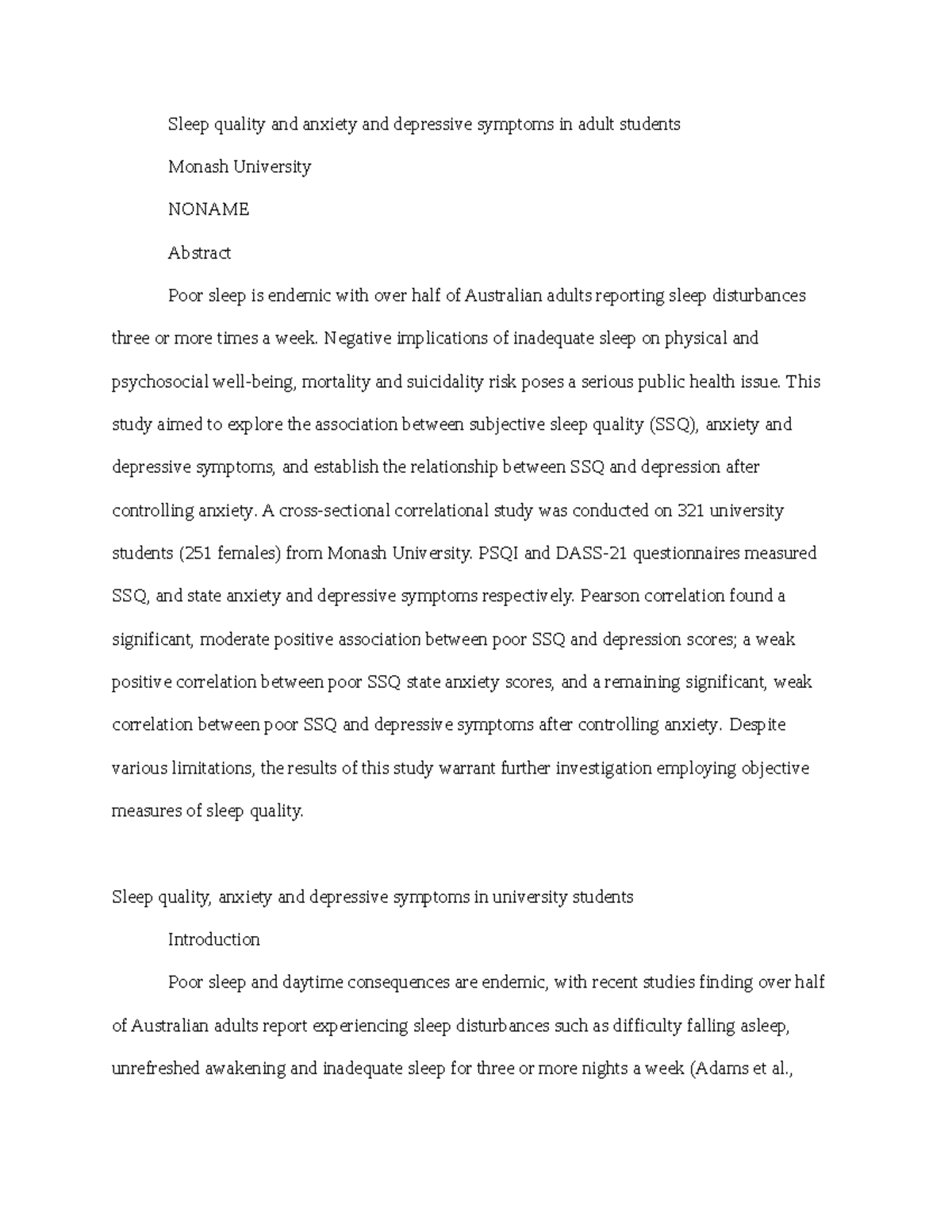 Lab Report PSQI Depression - Sleep quality and anxiety and depressive ...