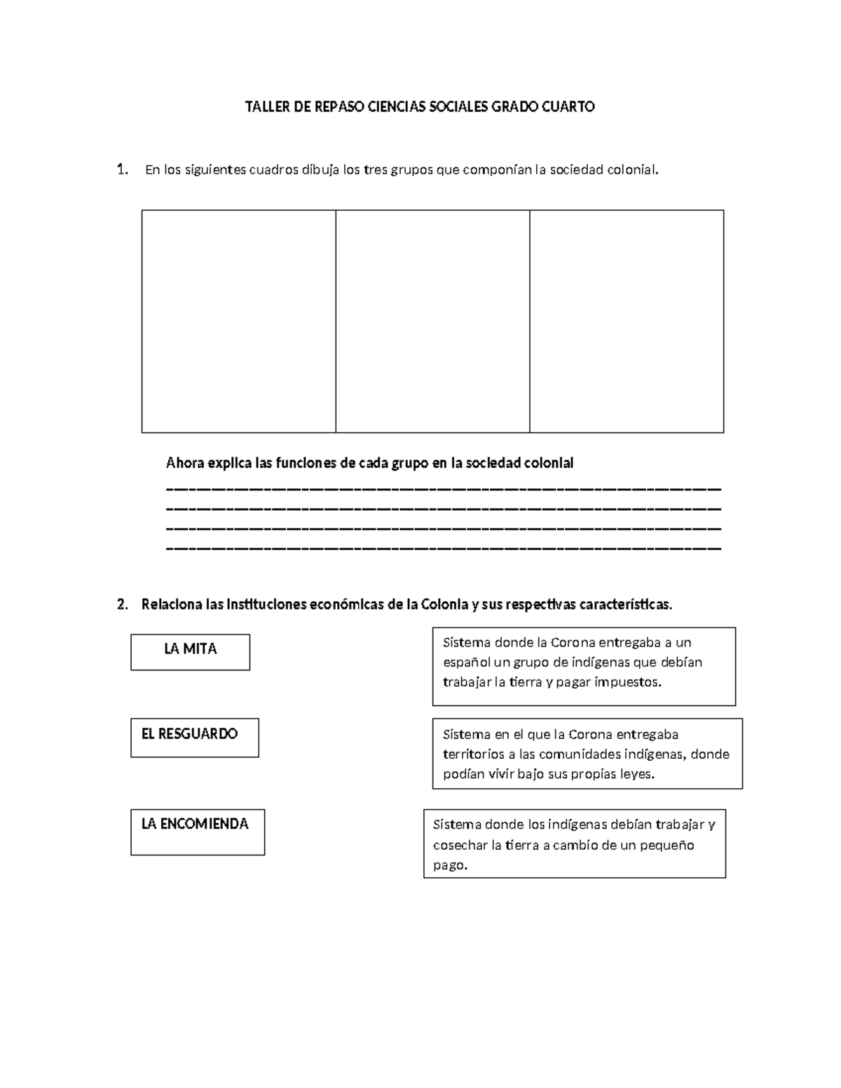 Taller DE Repaso Ciencias Sociales Grado Cuarto - TALLER DE REPASO ...