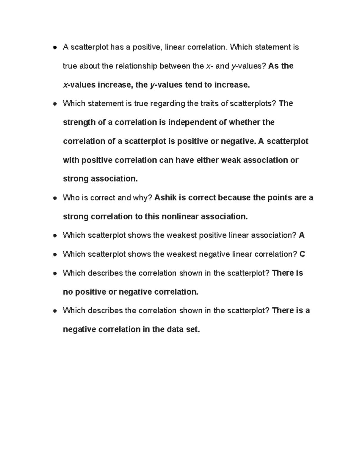 Exploring Association Quiz - A scatterplot has a positive, linear ...