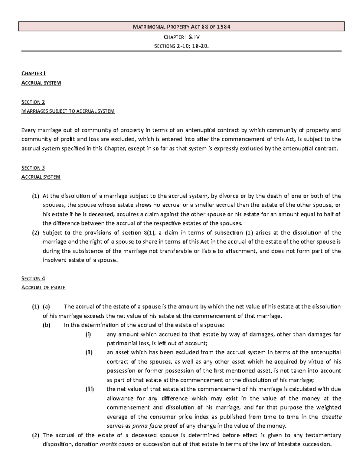 + Matrimonial Propery Act 88 of 1984 ss 28; 1820 MATRIMONIAL