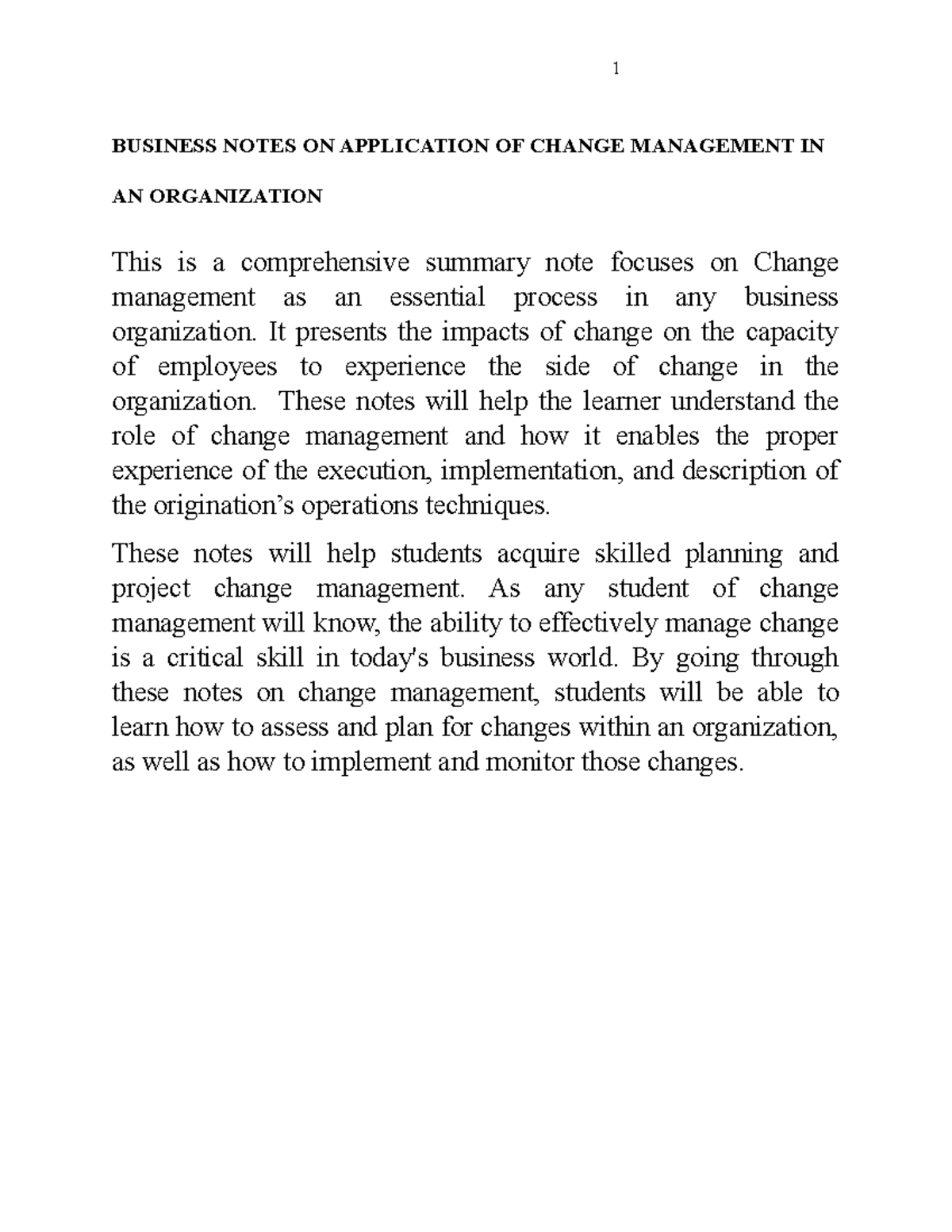 Business Notes ON Application OF Change Management IN AN Organization ...