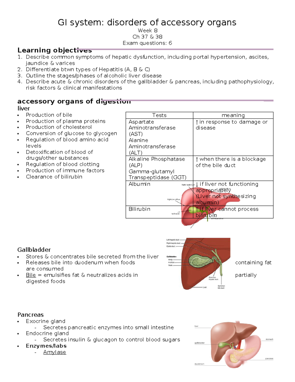 Accessory organs GI system disorders of accessory organs Week 8 Ch 37 & 38 Exam questions 6