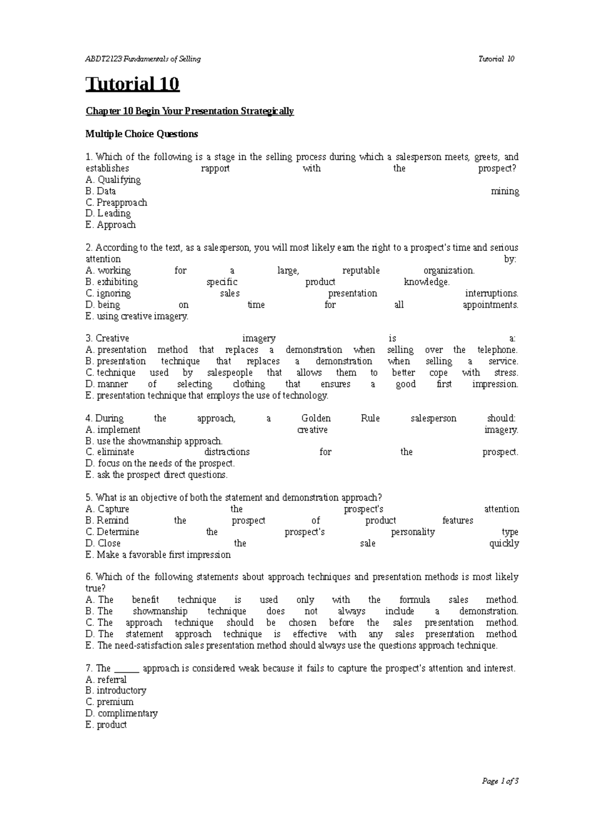 Tutorial 10 Chp10 Wk10 Abdt2123 Fundamentals Of Selling Tutorial 10