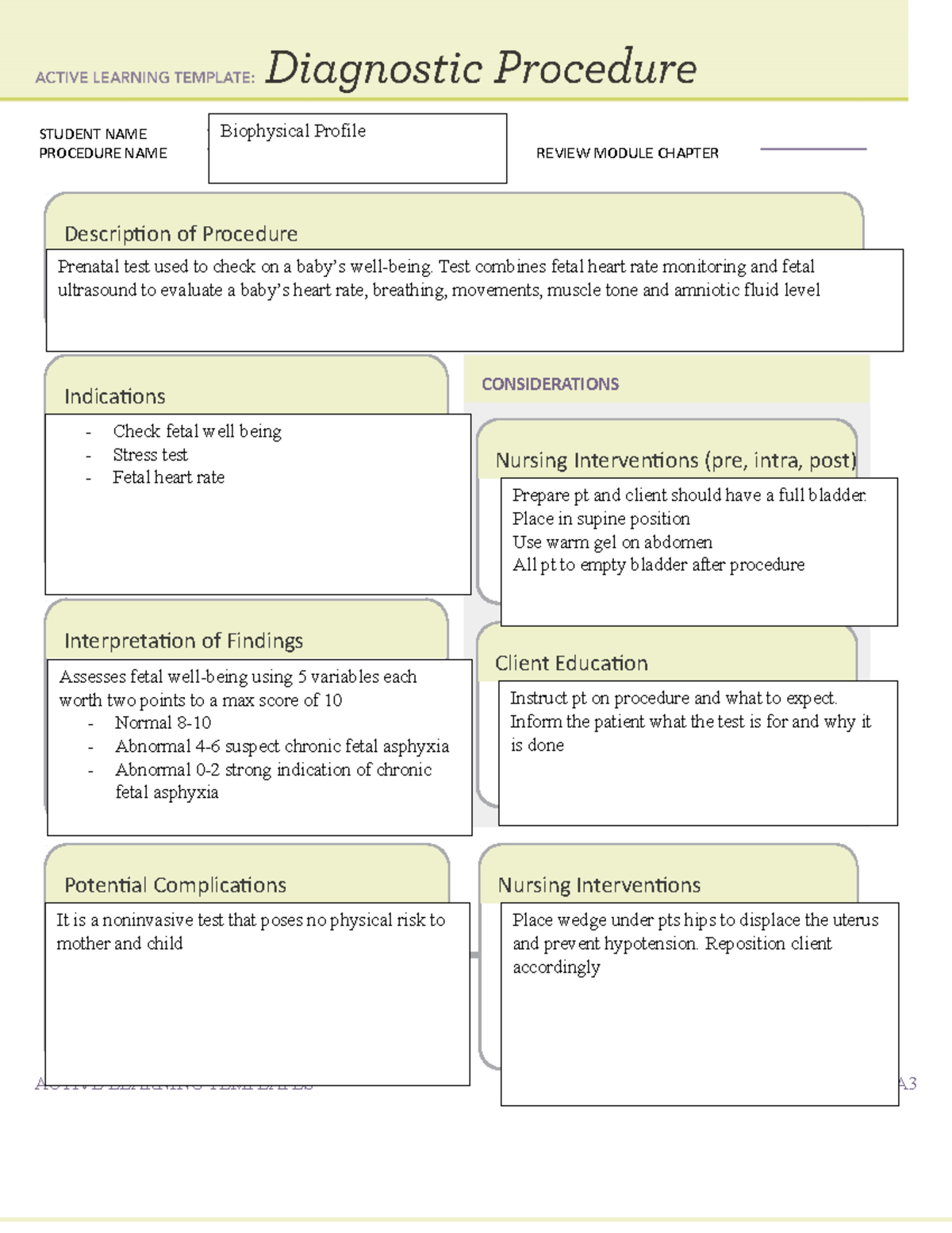 Diagnostic Procedure Form Template Biophysical Profile ACTIVE 