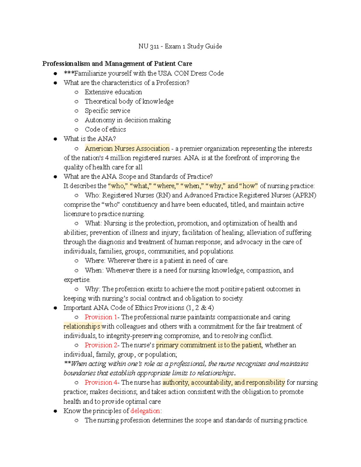 Exam 1 Study Guide - NU 311 - Exam 1 Study Guide Professionalism and ...