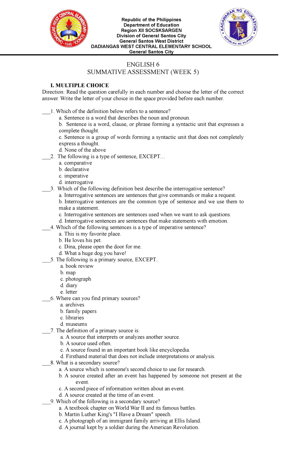 Summative FOR WEEK 5 TOS - Department of Education Region XII ...