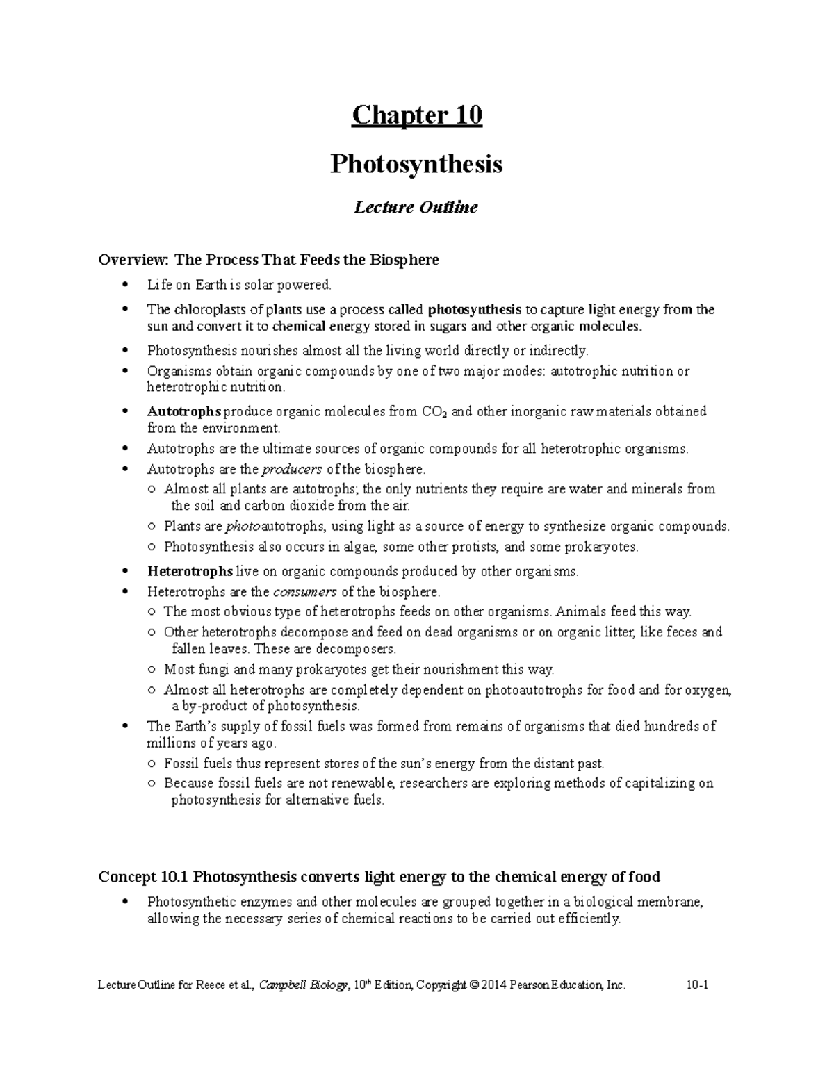 10 Outline Photosynthesis - Chapter 10 Photosynthesis Lecture Outline ...