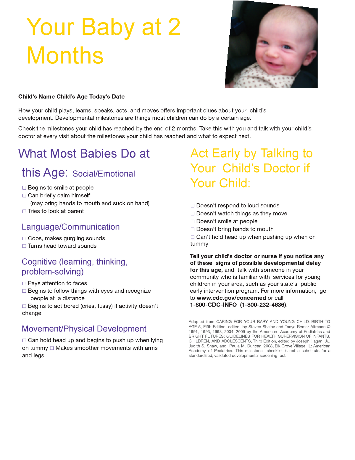 Developmental Milestones - Your Baby at 2 Months Child’s Name Child’s ...