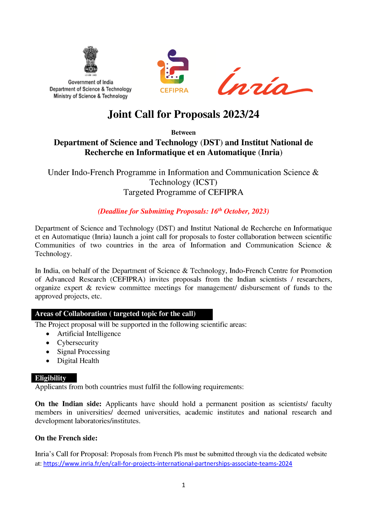 10th Call for Proposals in DST Inria Targeted Programme Joint Call