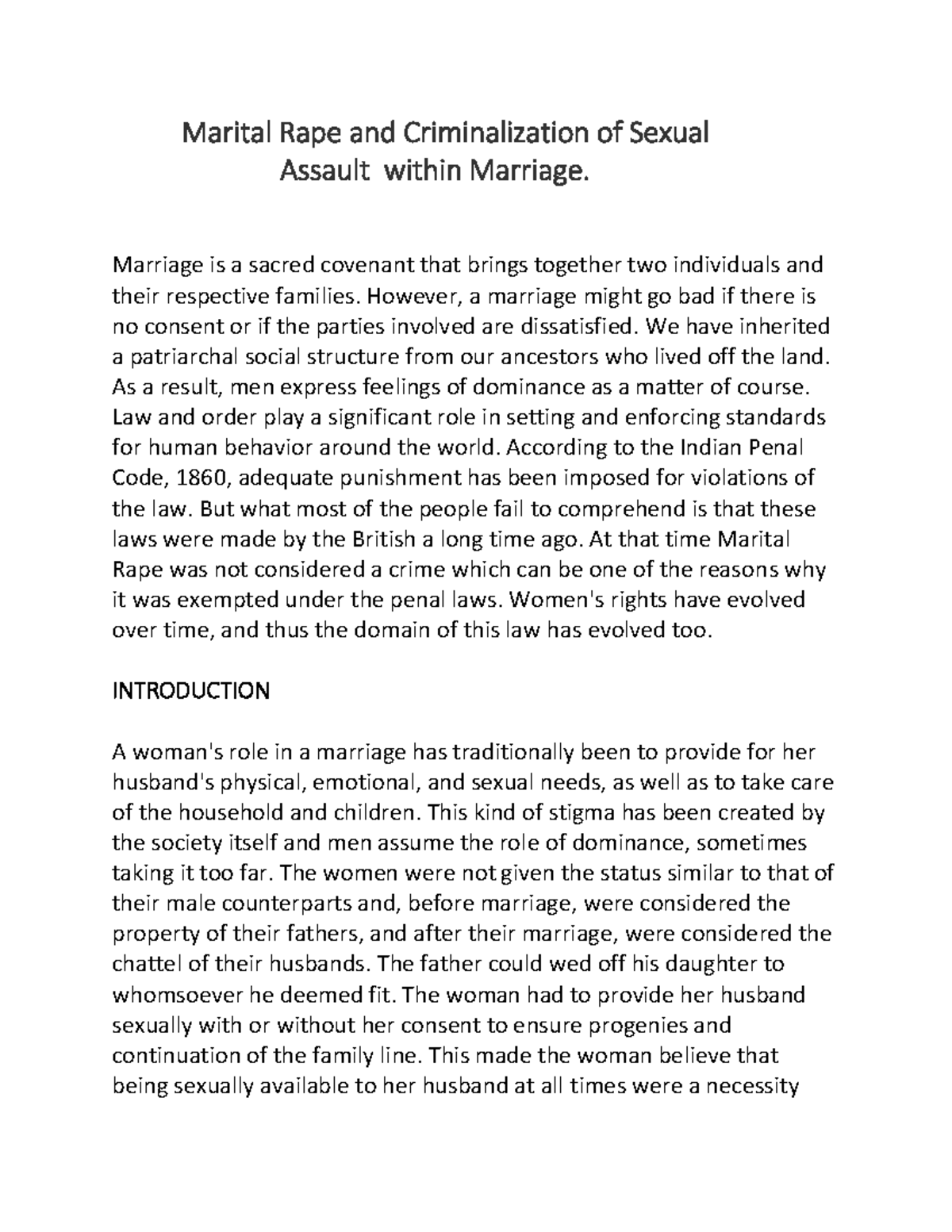 Marital Rape and Criminalization of Sexual Assault within Marriage ...