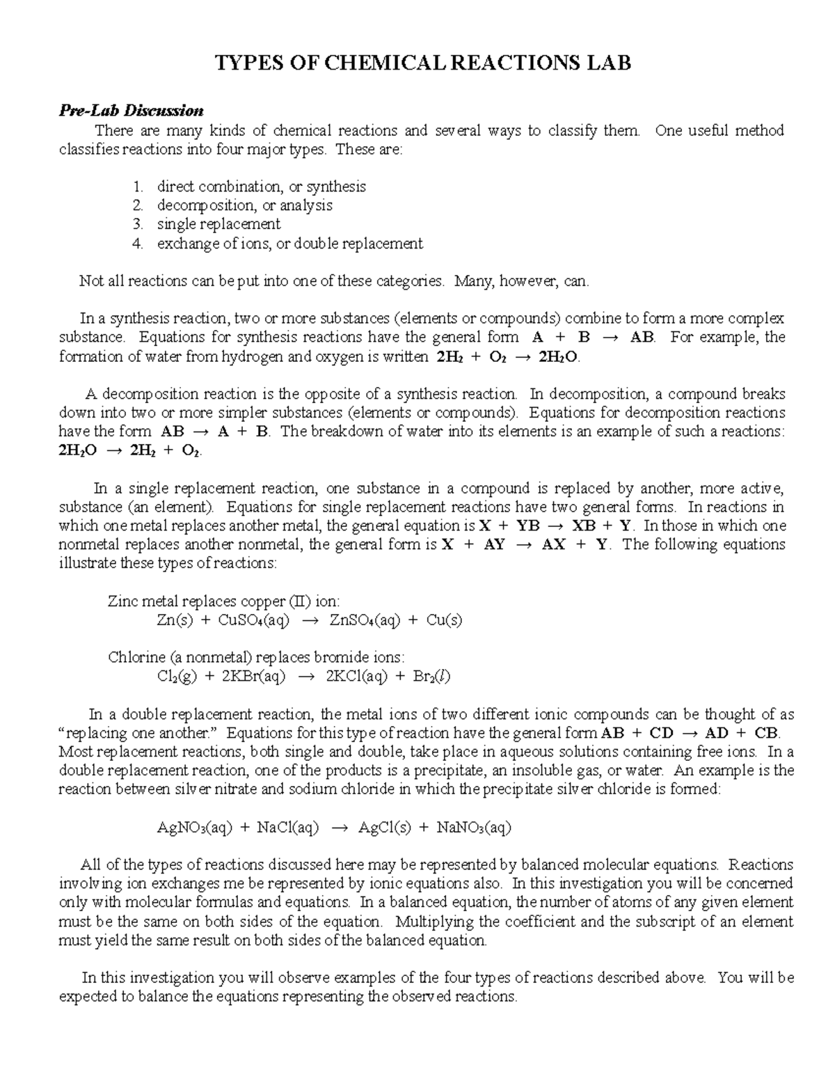 Types OF Chemical Reactions LAB 2 TYPES OF CHEMICAL REACTIONS LAB Pre