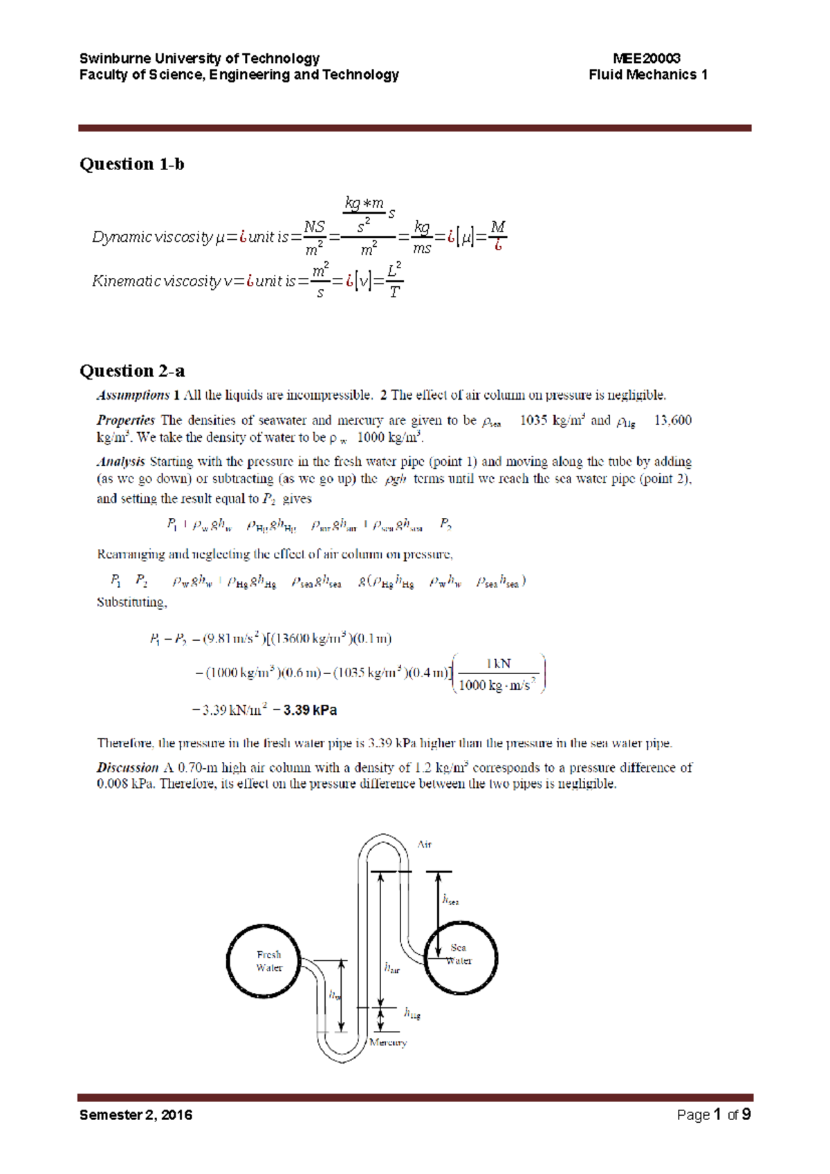 Fluid Mechanics 2016 Practice Exam (Worked Solutions) Faculty of
