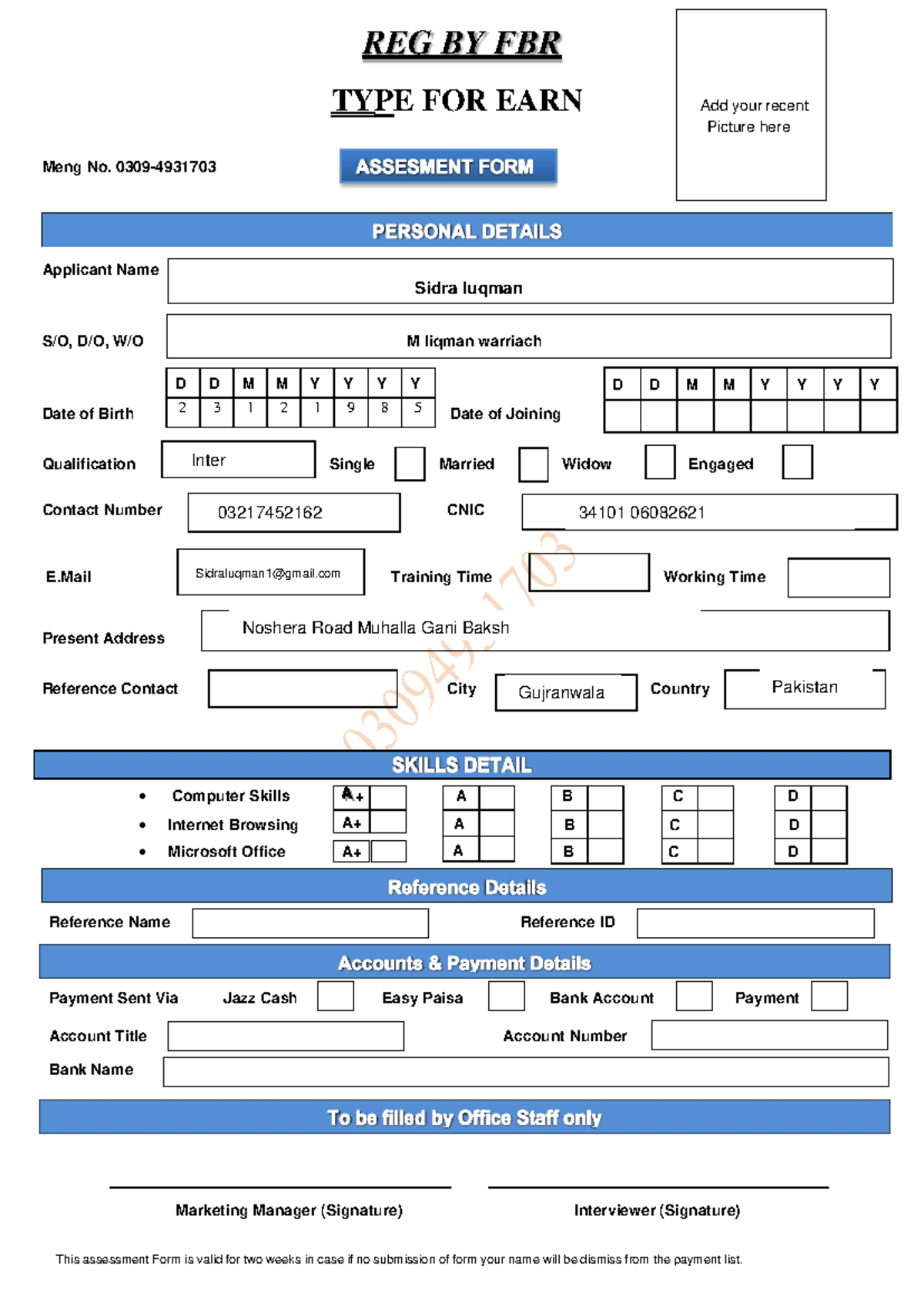 Form - hi it is the fazool file of my pc - REG BY FBR TYPE FOR EARN Add ...