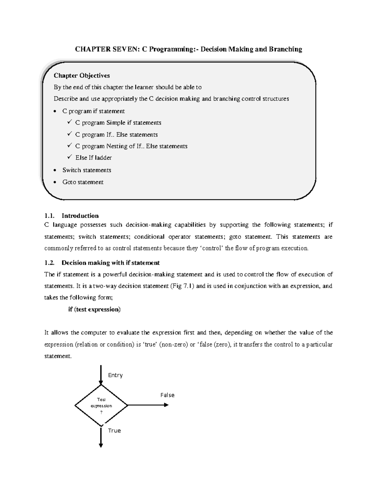 Chapter Seven - Oop notes - CHAPTER SEVEN: C Programming:- Decision ...