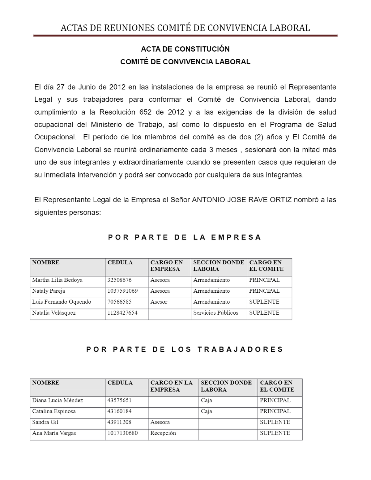 Actas DE Reuniones Comité DE Convivencia Laboral - ACTAS DE REUNIONES ...