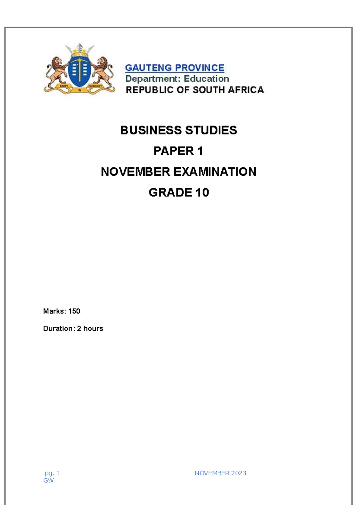 Grade 10 Examination - notes - BUSINESS STUDIES PAPER 1 NOVEMBER ...