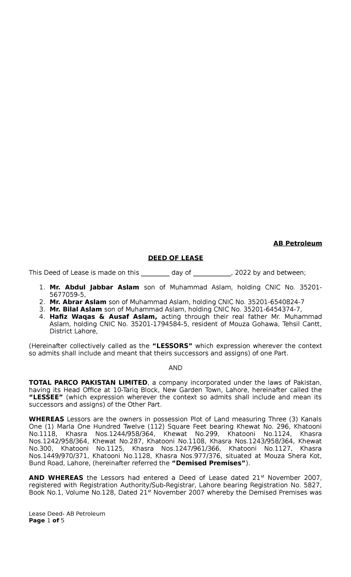 AB Petroleum Lease Renewal AB Petroleum DEED OF LEASE This Deed of