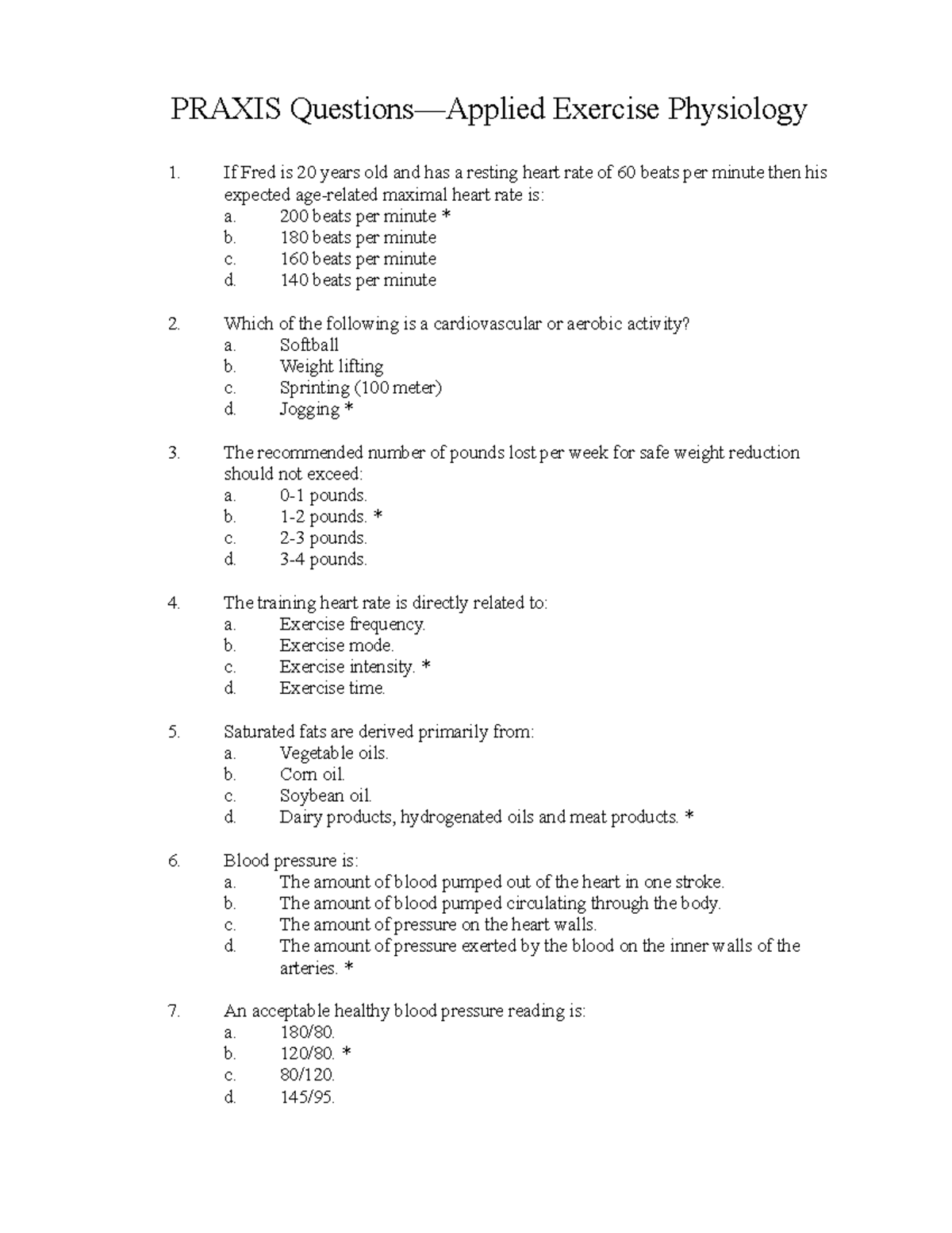 Applied Exercise Physiology - PRAXIS Questions—Applied Exercise ...