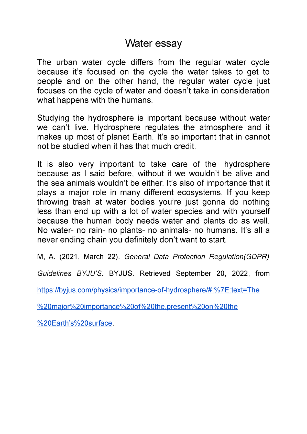 water cycle long essay