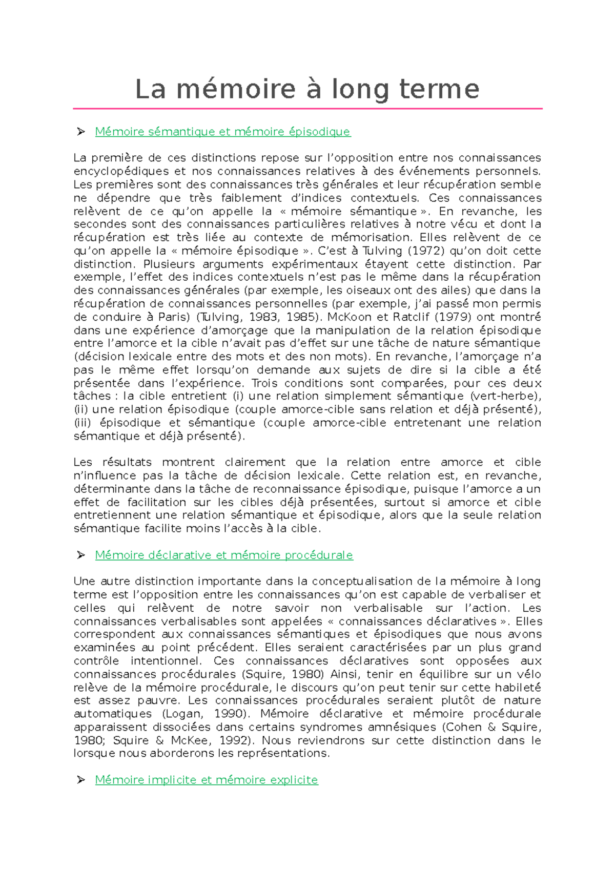5 - La mémoire à long terme - La mémoire à long terme Mémoire ...