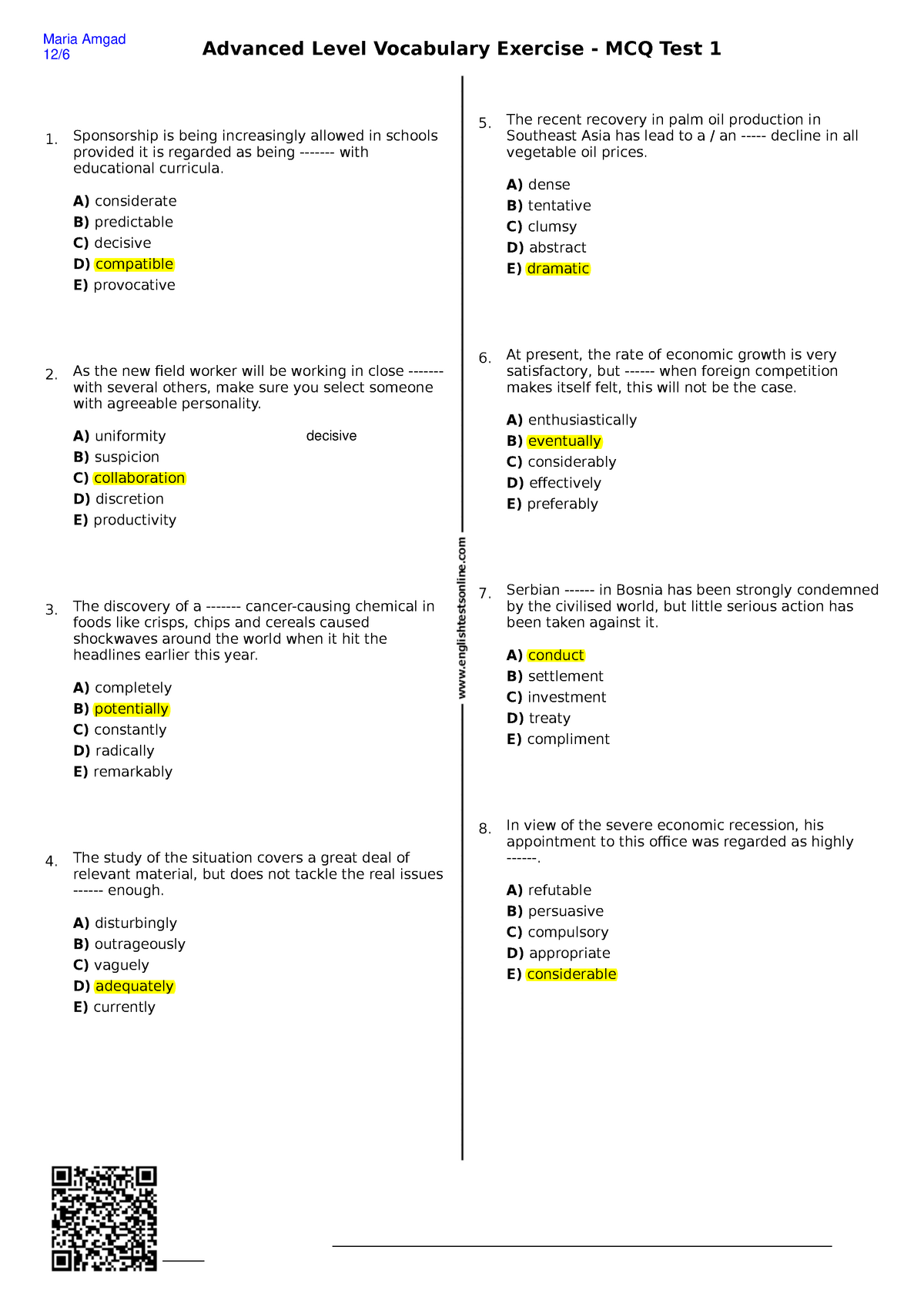 Advanced Level Vocabulary Test