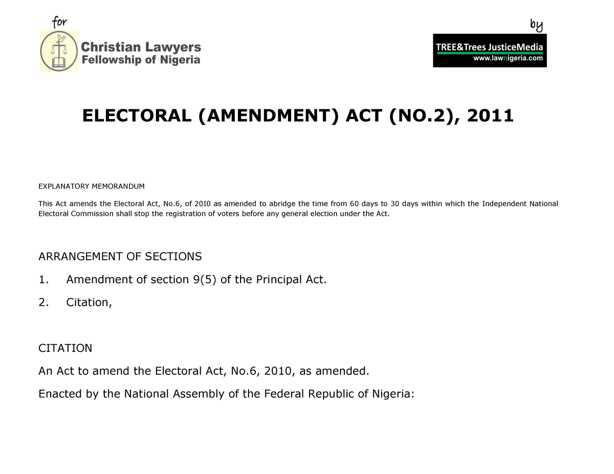 Electoral ( Amendment) ACT (NO.2), 201 1 for by ELECTORAL (AMENDMENT