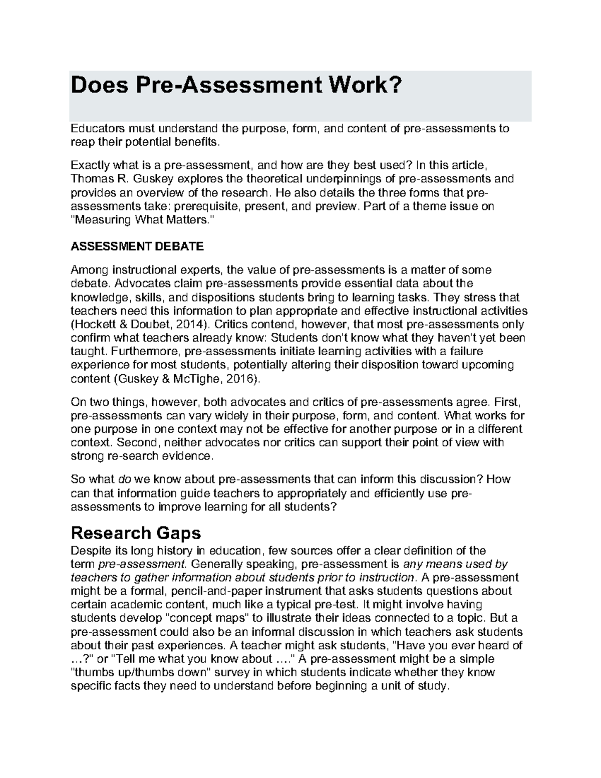 Article 3 - Does Pre-assessments Work - Does Pre-Assessment Work ...