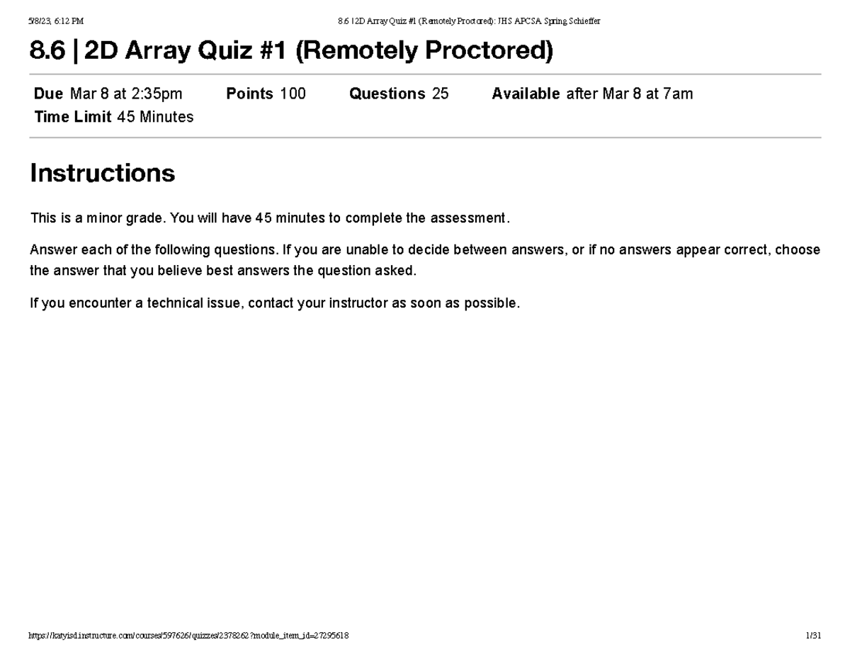 8.6 2D Array Quiz #1 (Remotely Proctored) JHS Apcsa Spring Schieffer ...