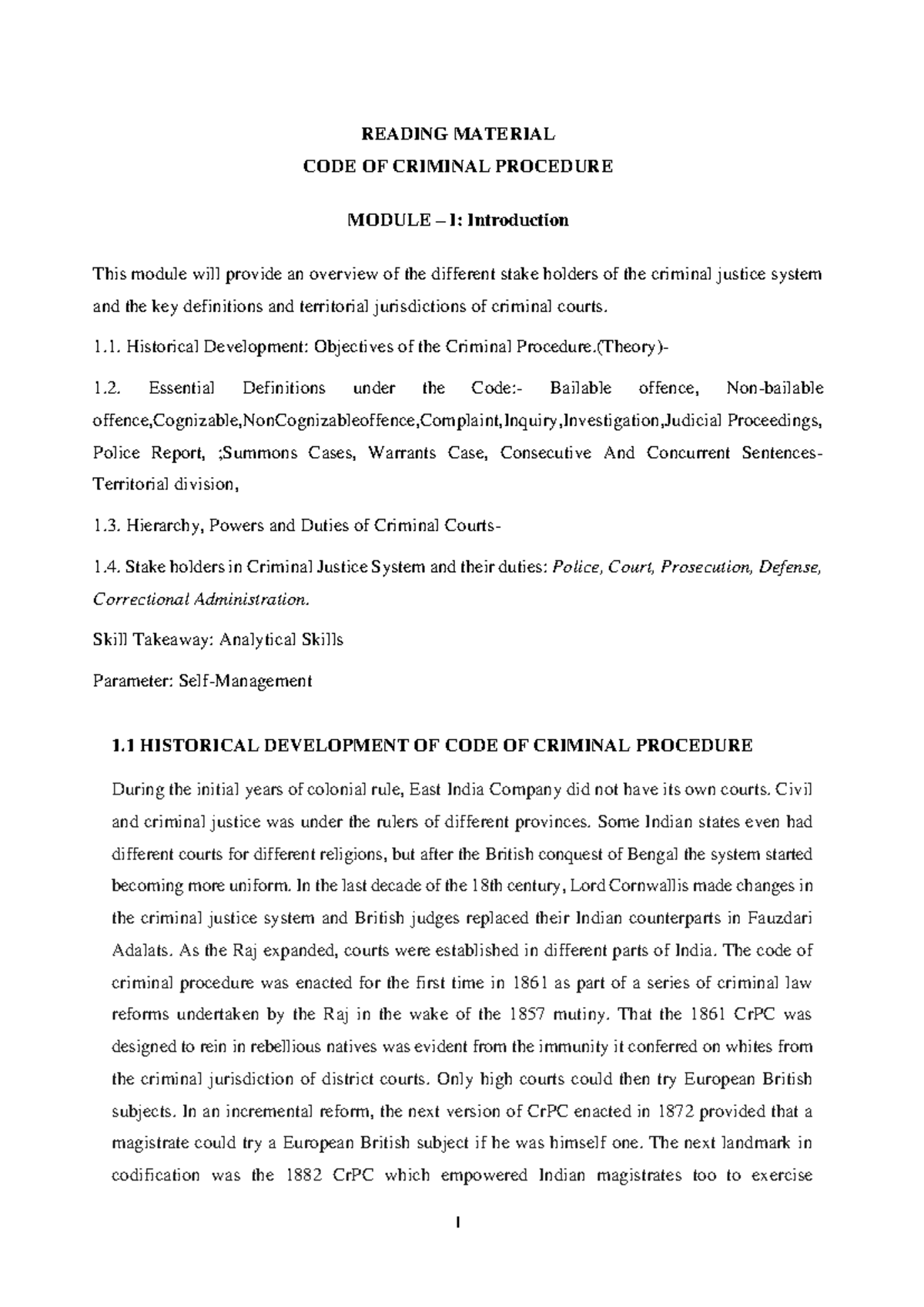 Module 1 CRPC - Notes to refer - READING MATERIAL CODE OF CRIMINAL ...