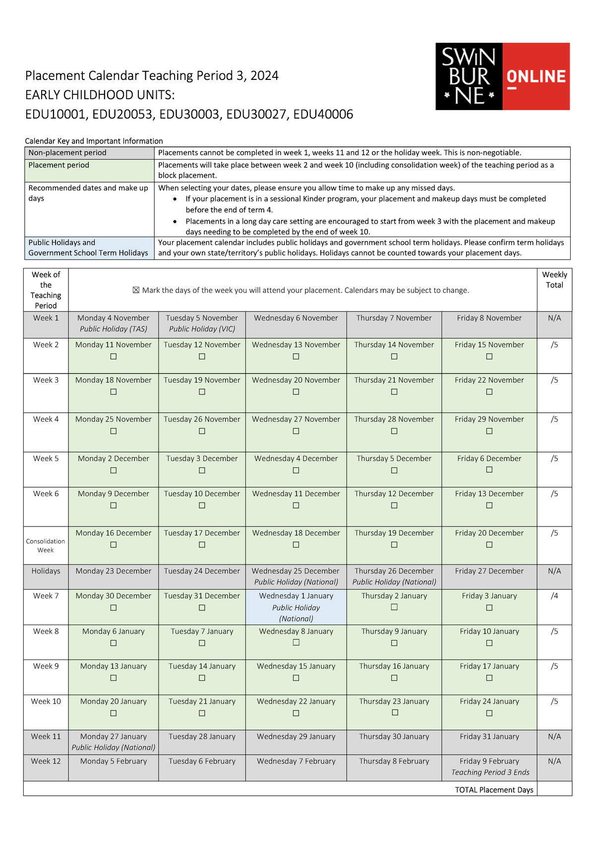 2024 TP3 Early Childhood Placement Calendar Placement Calendar