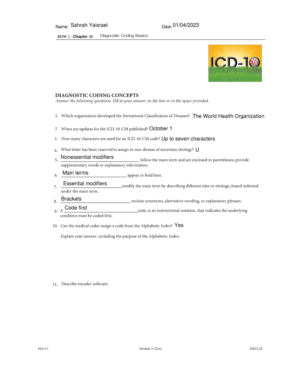 MA115 ROW 1 Chapter 28 - N/A - ROW 1 - Chapter 28 Diagnostic Coding ...