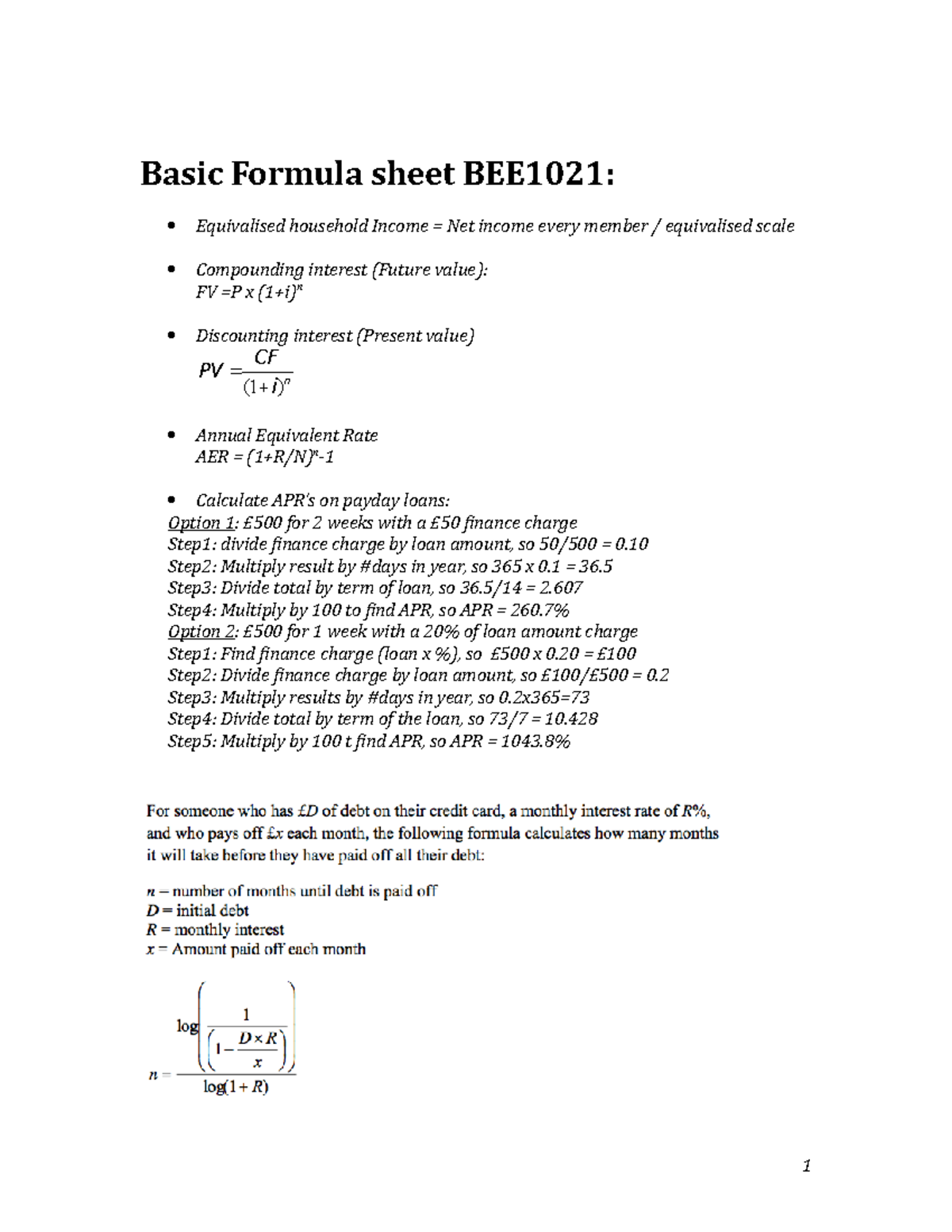 PFM Formula Sheet - Basic Formula sheet BEE1021: Equivalised household ...