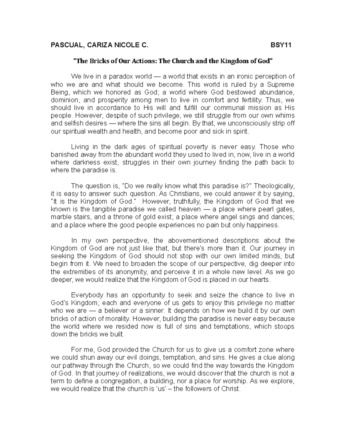 Pascual - Kingdom OF GOD Reflection Paper - PASCUAL, CARIZA NICOLE C ...