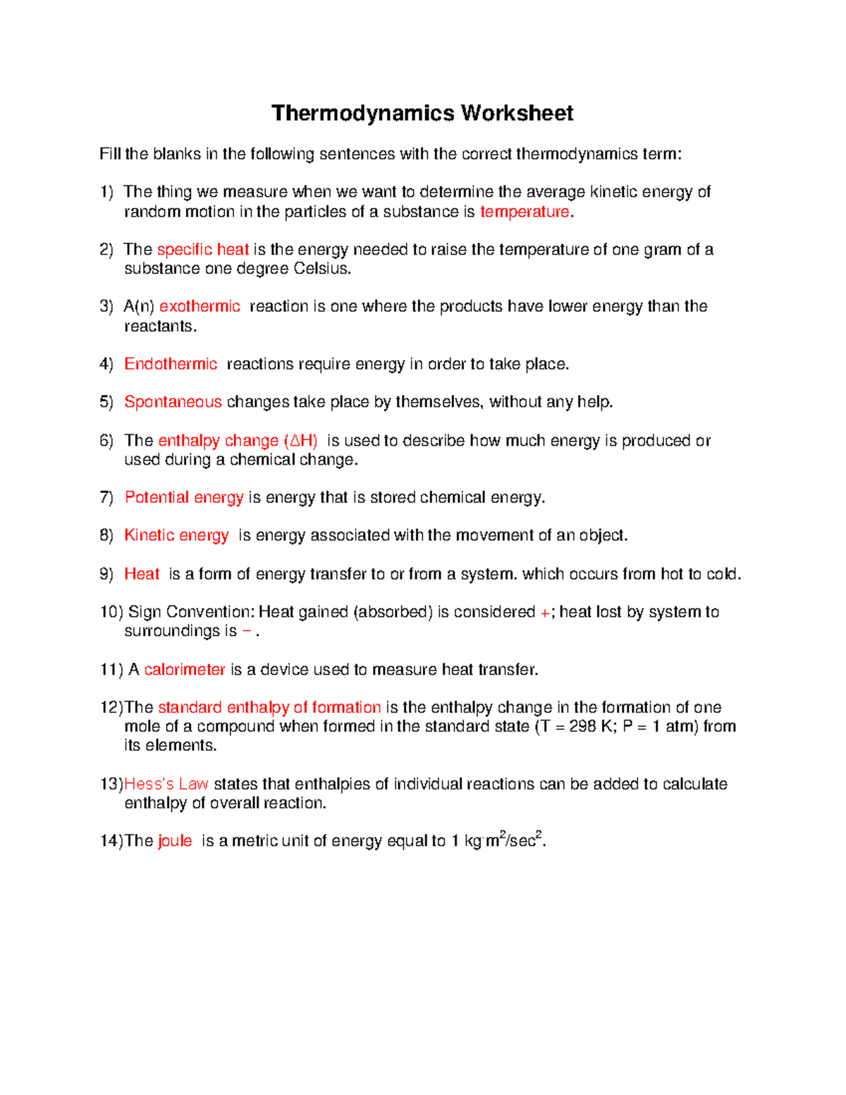 Thermodynamics worksheet - Thermodynamics Worksheet Fill the blanks in ...