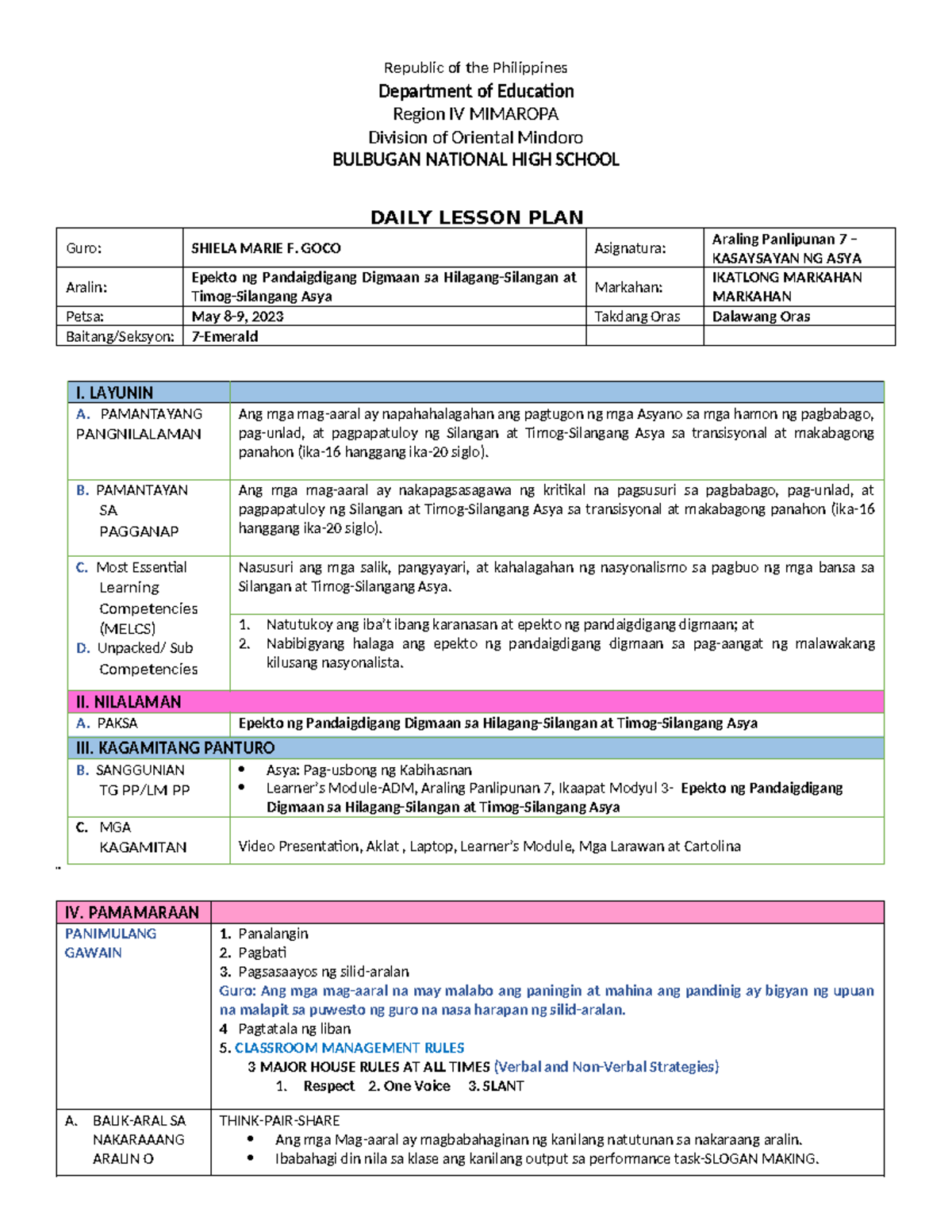 Q4 Lesson Plan Week 3 - reference - Republic of the Philippines DAILY ...