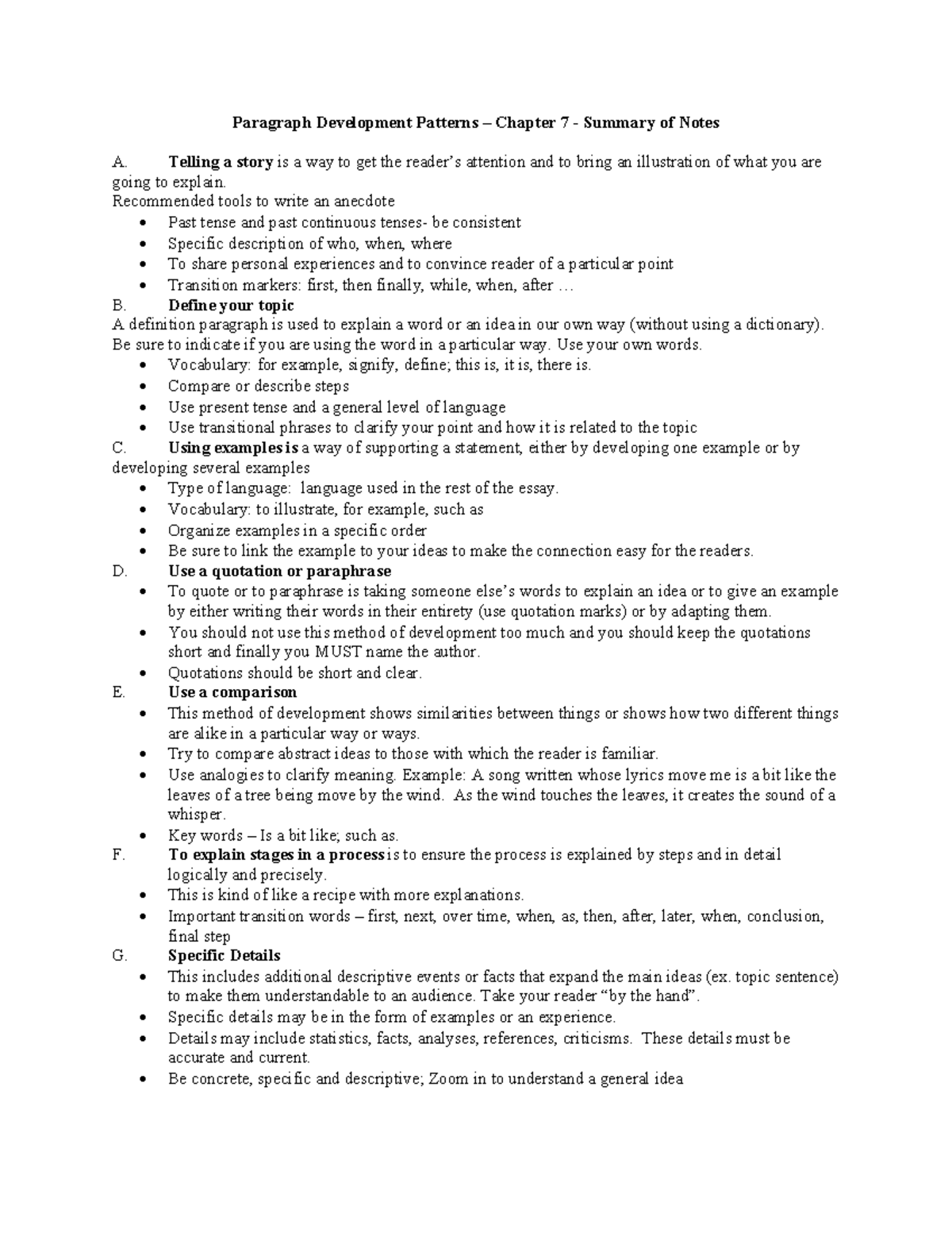 Paragraph Development Patterns Notes - Paragraph Development Patterns ...