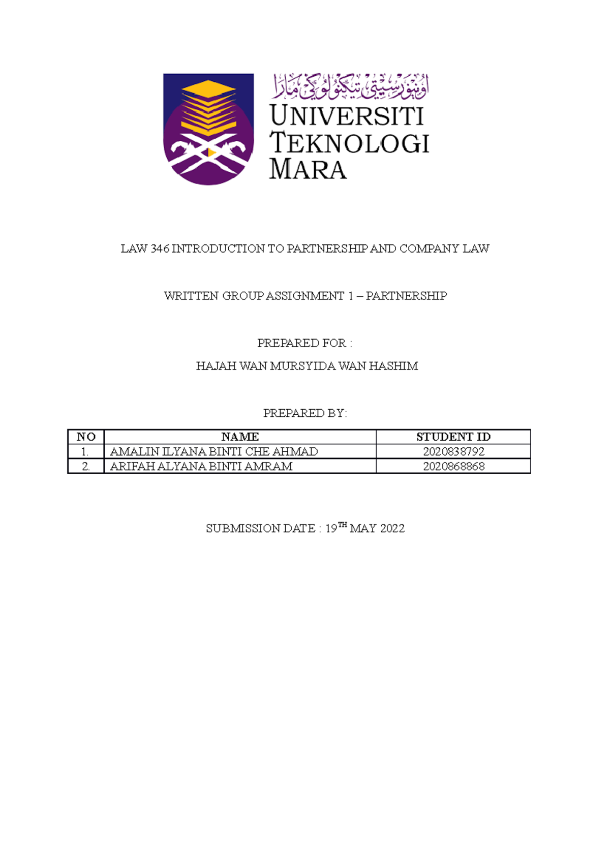 LAW 346 Introduction TO Partnership AND Company LAW Assignment - LAW ...