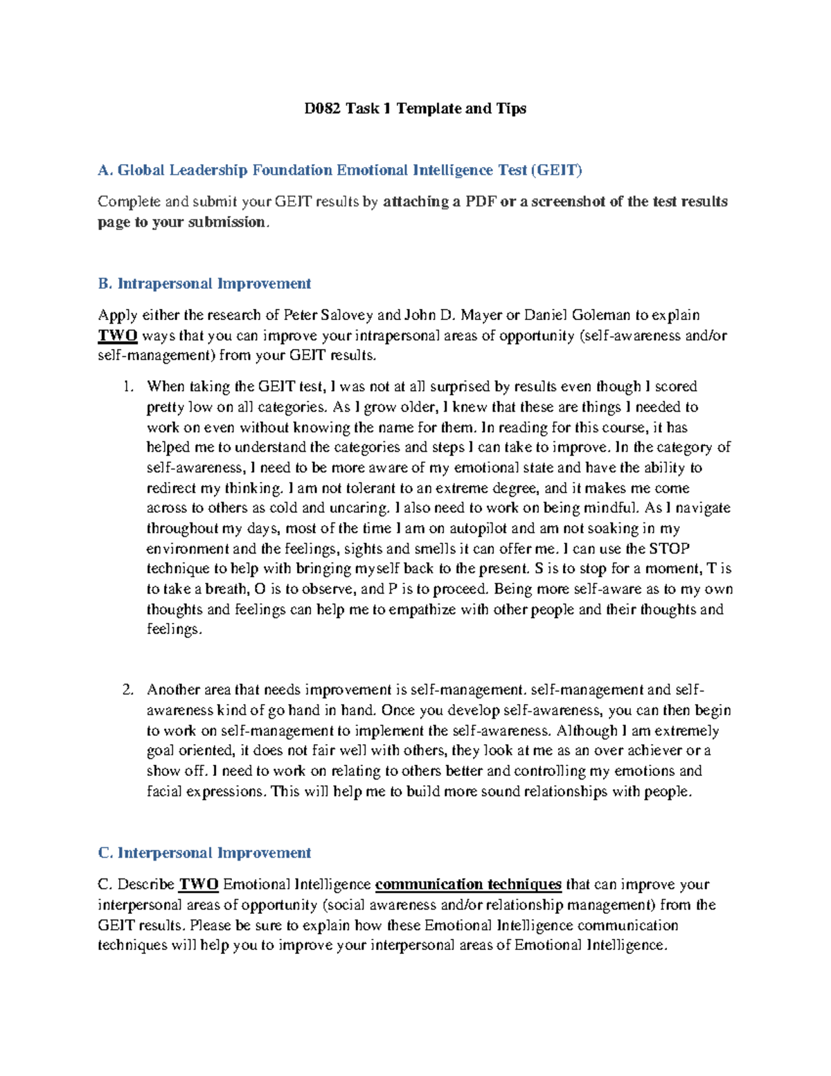 Emotional And Cultural Intelligence Task 1 - D082 Task 1 Template And ...