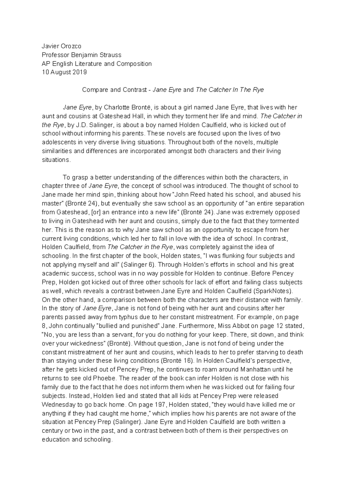 Compare and Contrast Jane Eyre and The Catcher in the Rye Javier