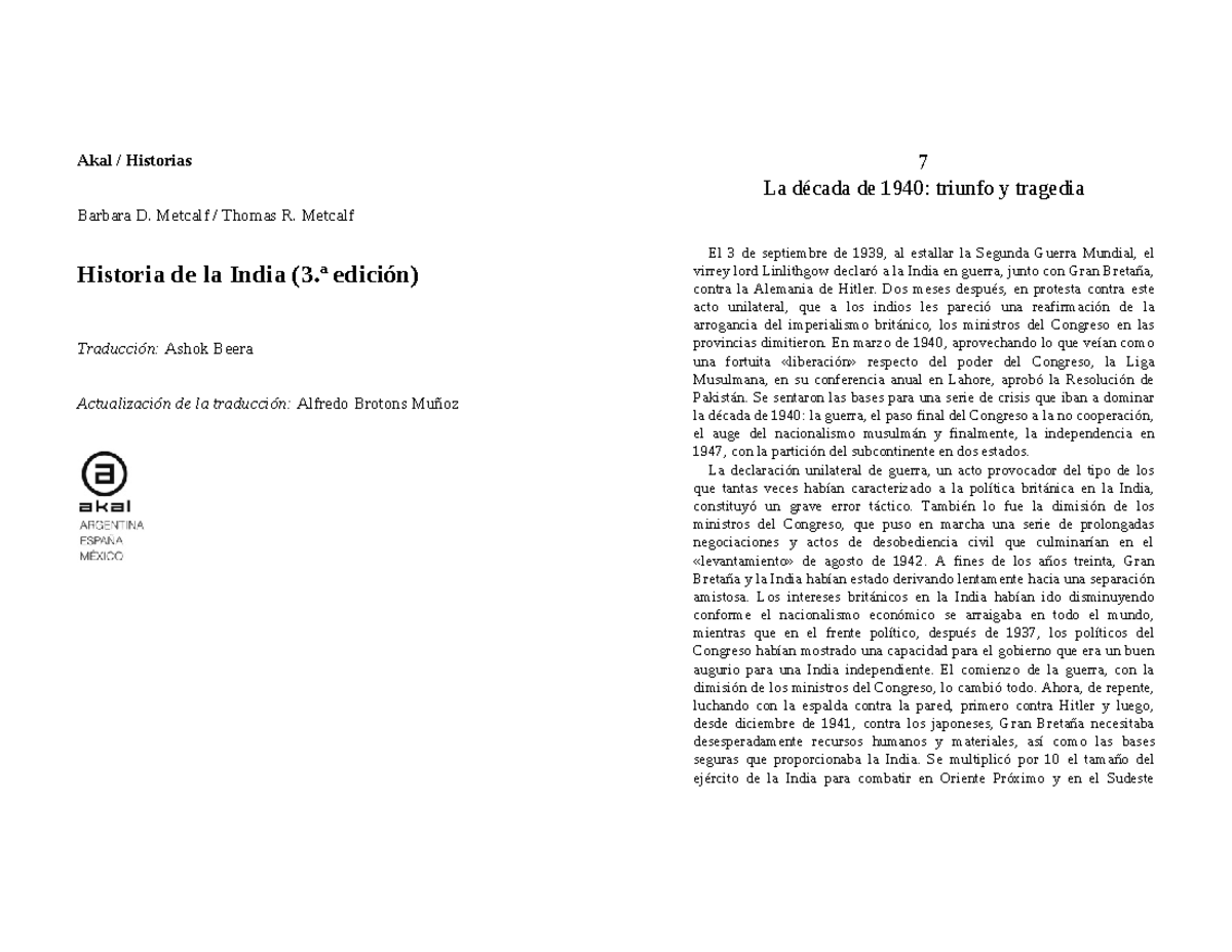 Metcalf Historia de la India - Akal / Historias Barbara D. Metcalf ...