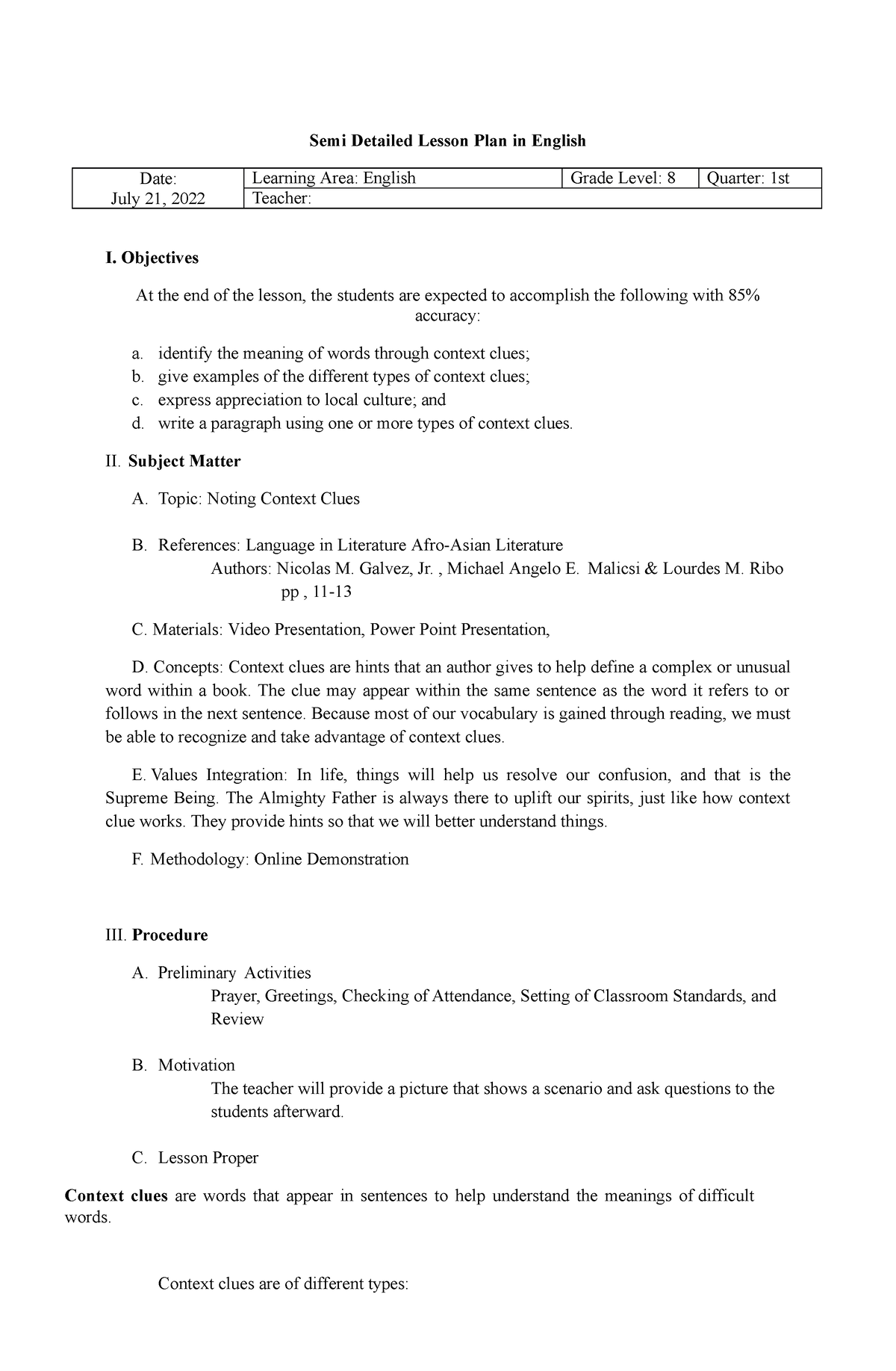 Contex Clues - LESSON PLAN IN ENGLISH - Semi Detailed Lesson Plan in ...