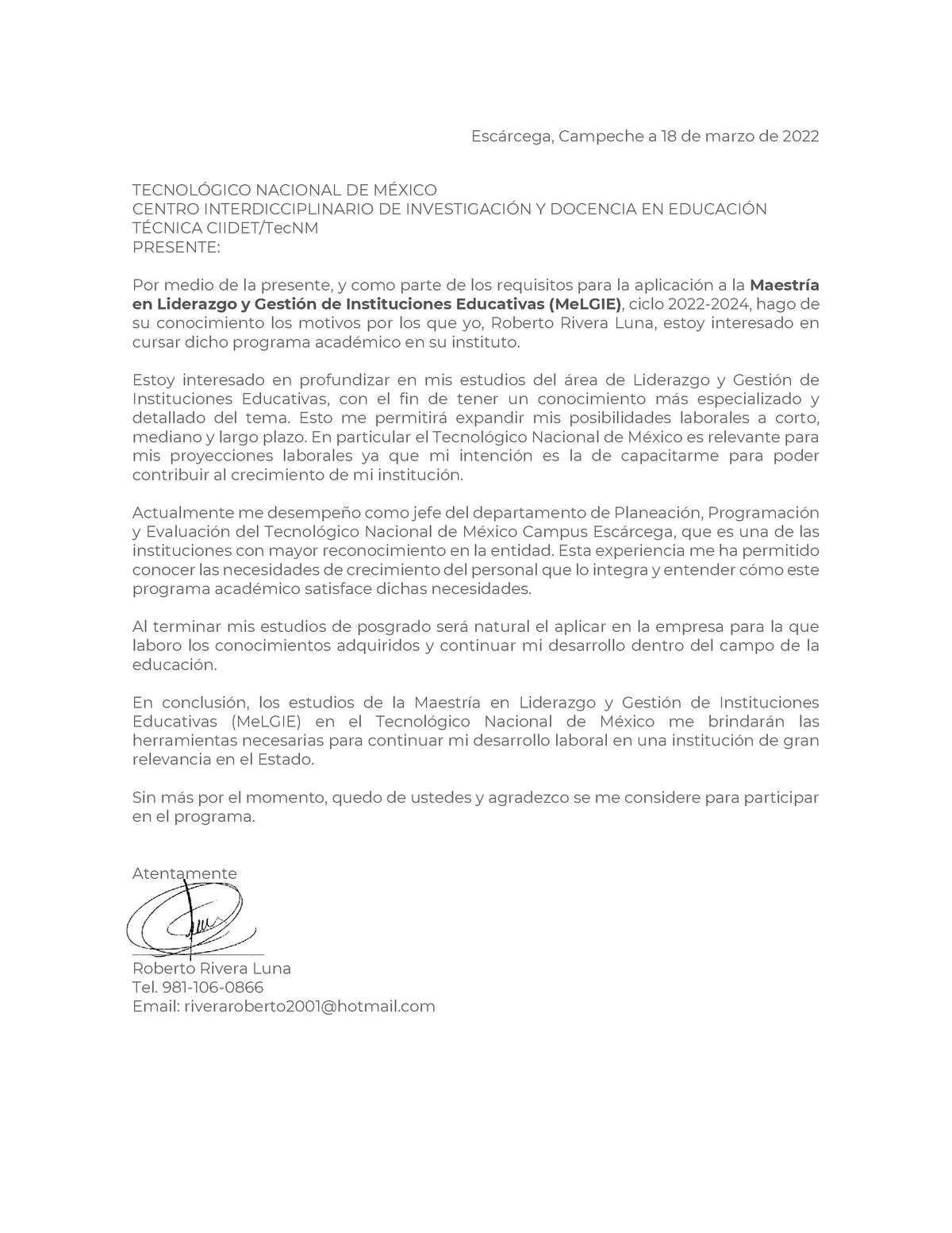 Carta de Exposición de Motivos para Maestría - Escárcega, Campeche a 18 de  marzo de 2022 TECNOLÓGICO - Studocu