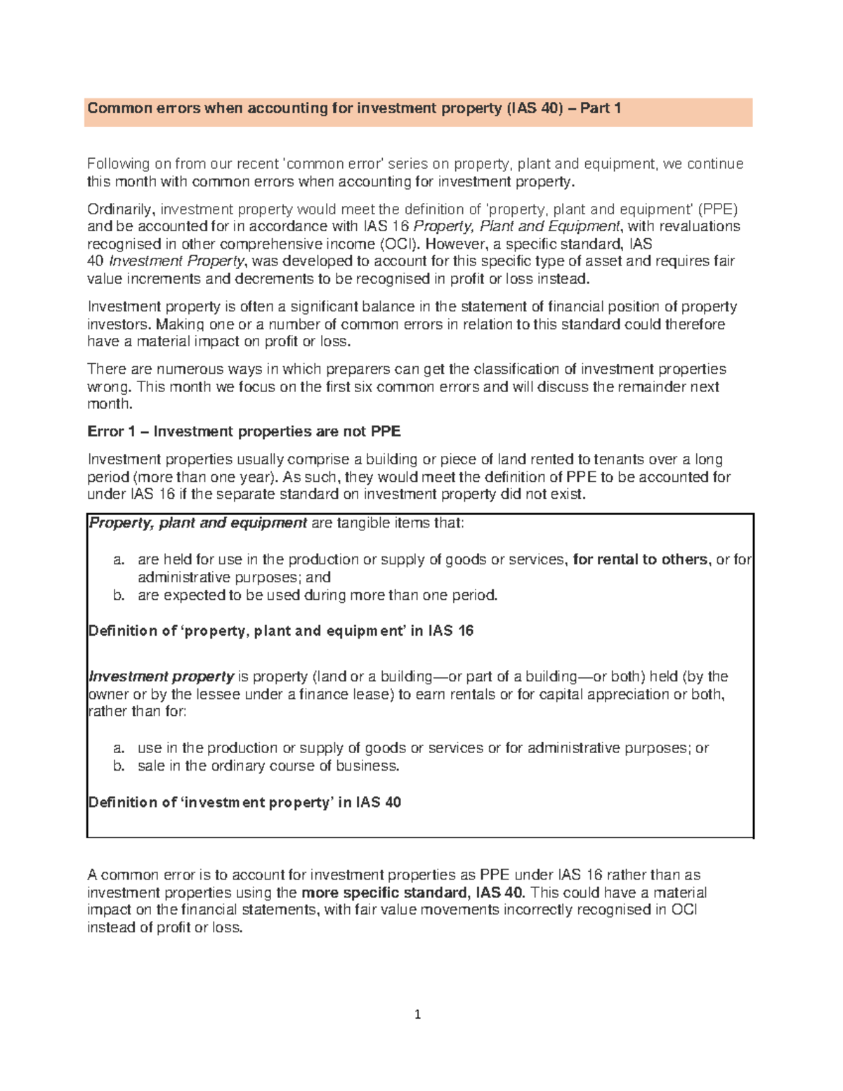 Common errors when accounting for investment property BDO Ordinarily