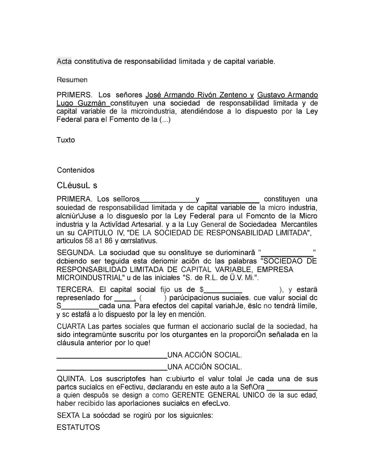 Acta Ejemplo De Acta Constitutiva De Una Sociedad De Responsabilidad