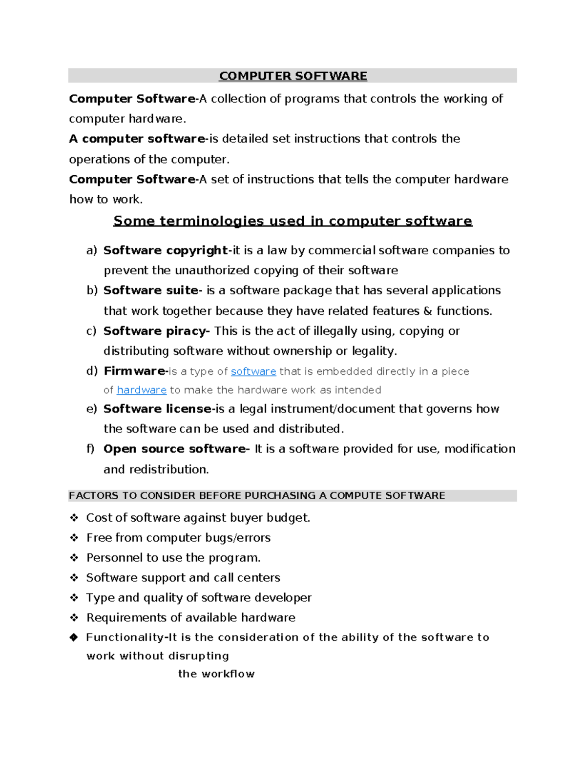 Computer Software - this notes are teacher to student based for class ...